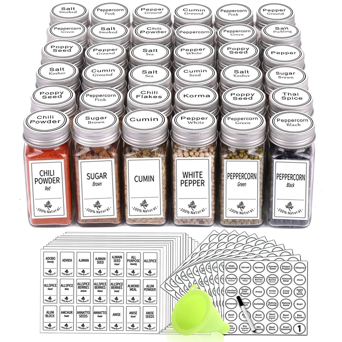 Swommoly 36 Glass Spice Jars With 806 White Spice Labels, Chalk Marker And Funnel Complete Set. Square Bottles 4 Oz Empty Spice