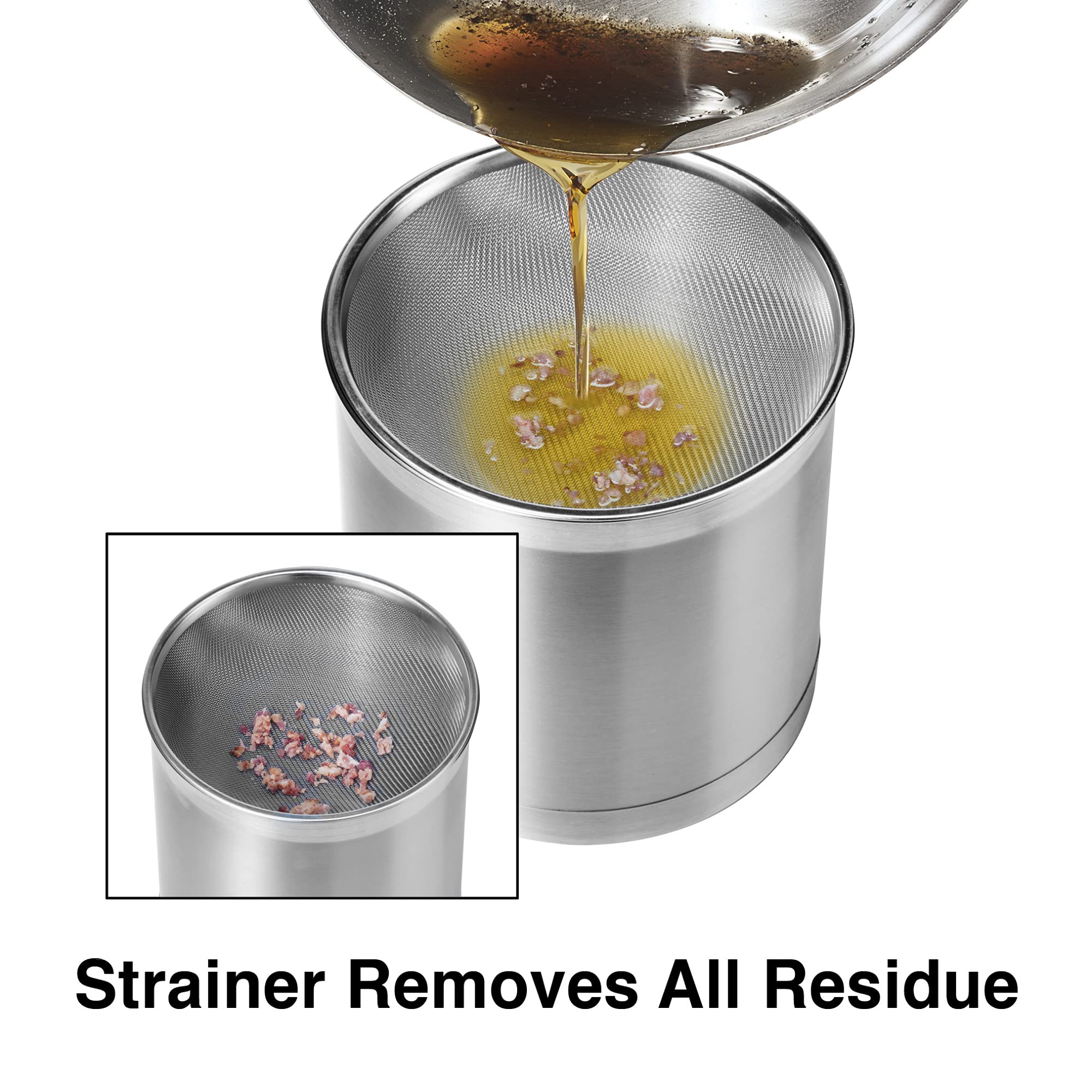 Oggi Stainless Steel Jumbo Grease Container With Removable Strainer And Snug Lid. Perfect Container For Fryer Oil, Bacon Drippin