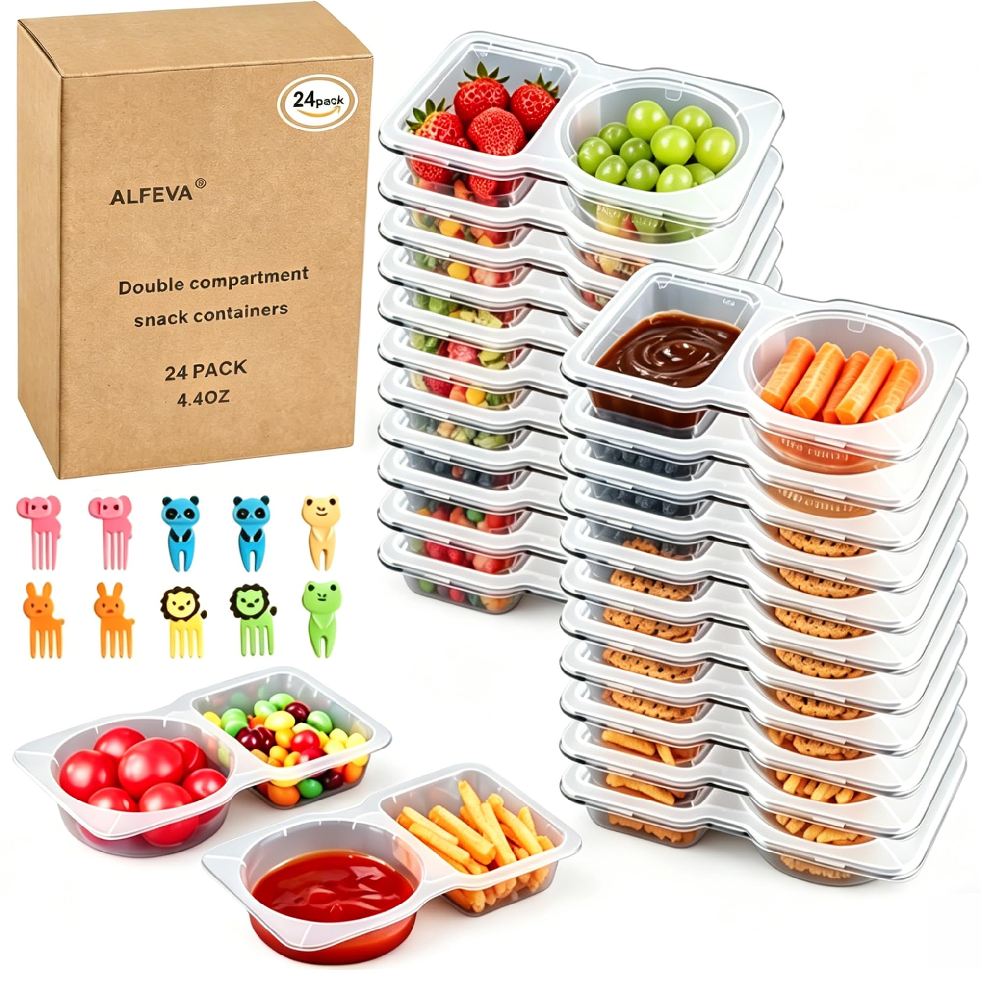 ALFEVA 24 Pcs Reusable Snack Containers with Lids Portion control, Meal Prep Containers for Kids adults On the Go Meals, 10 Fork