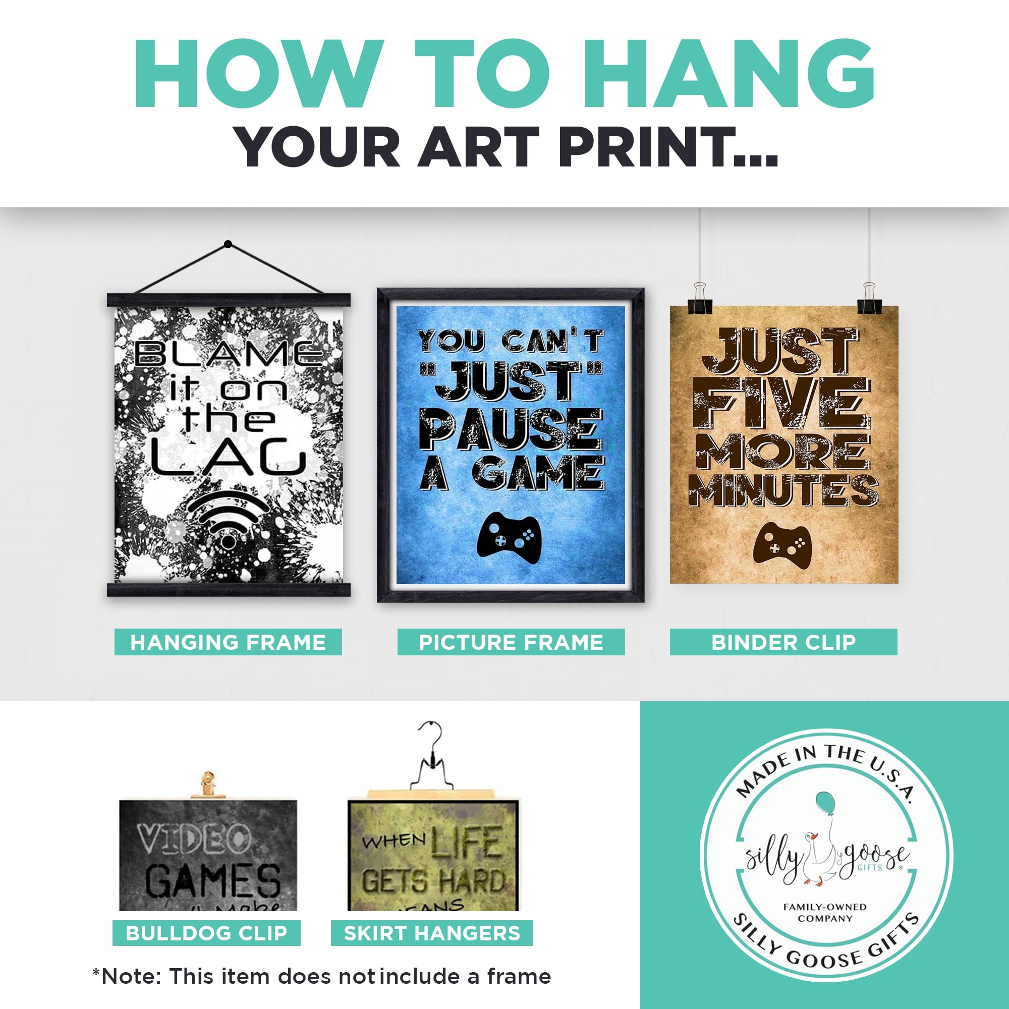 You Can't Just Pause A Game - Video Gamer Themed Wall Art Decor Prints for a Gaming Room (Set of 4) Poster Sign Blue Black Grey Bedroom