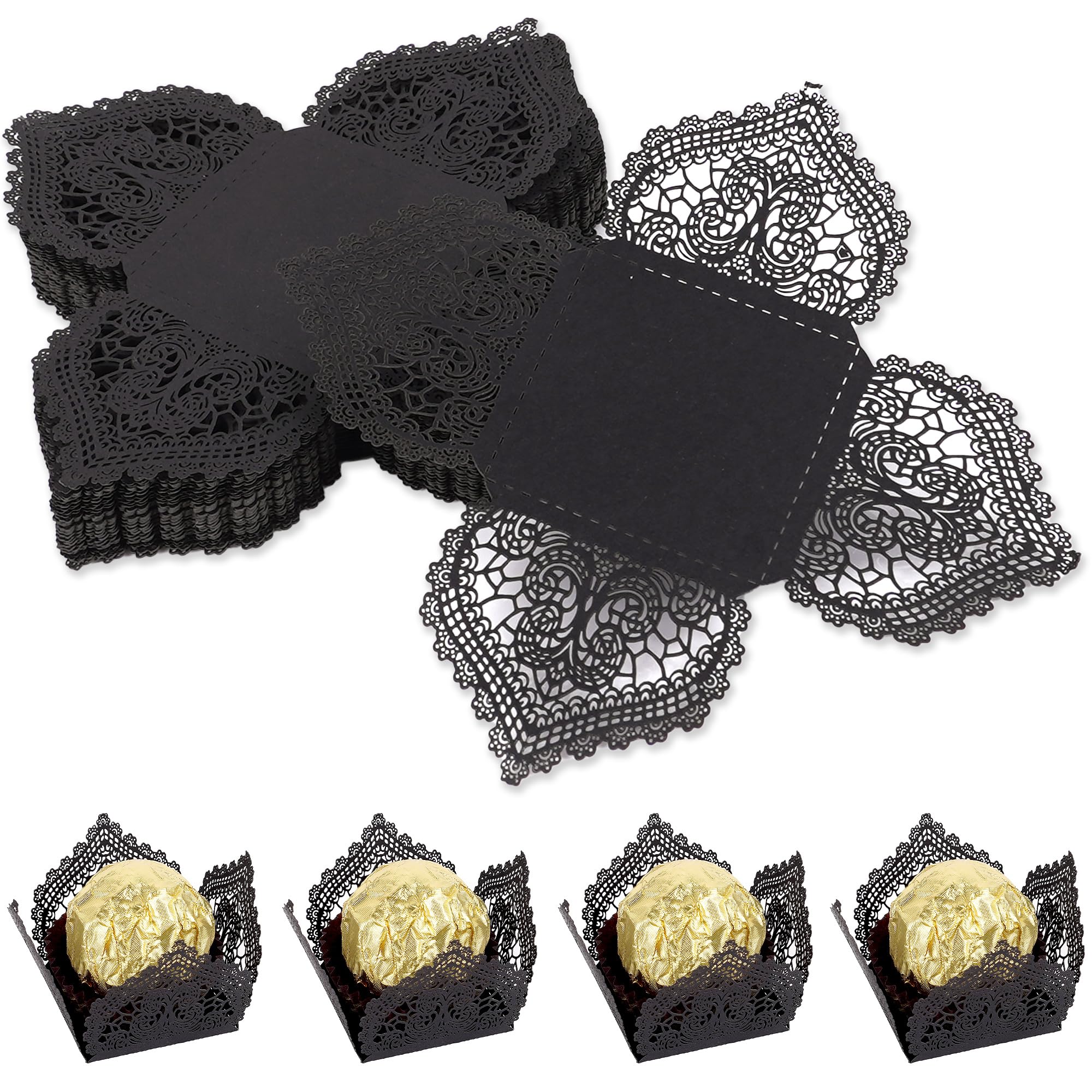 BUNCHBRAVO Truffle Wrappers Liners Cups, 50pcs Laser-Cut black Candy Holders for Chocolate Truffles, Wedding Party Dessert Table