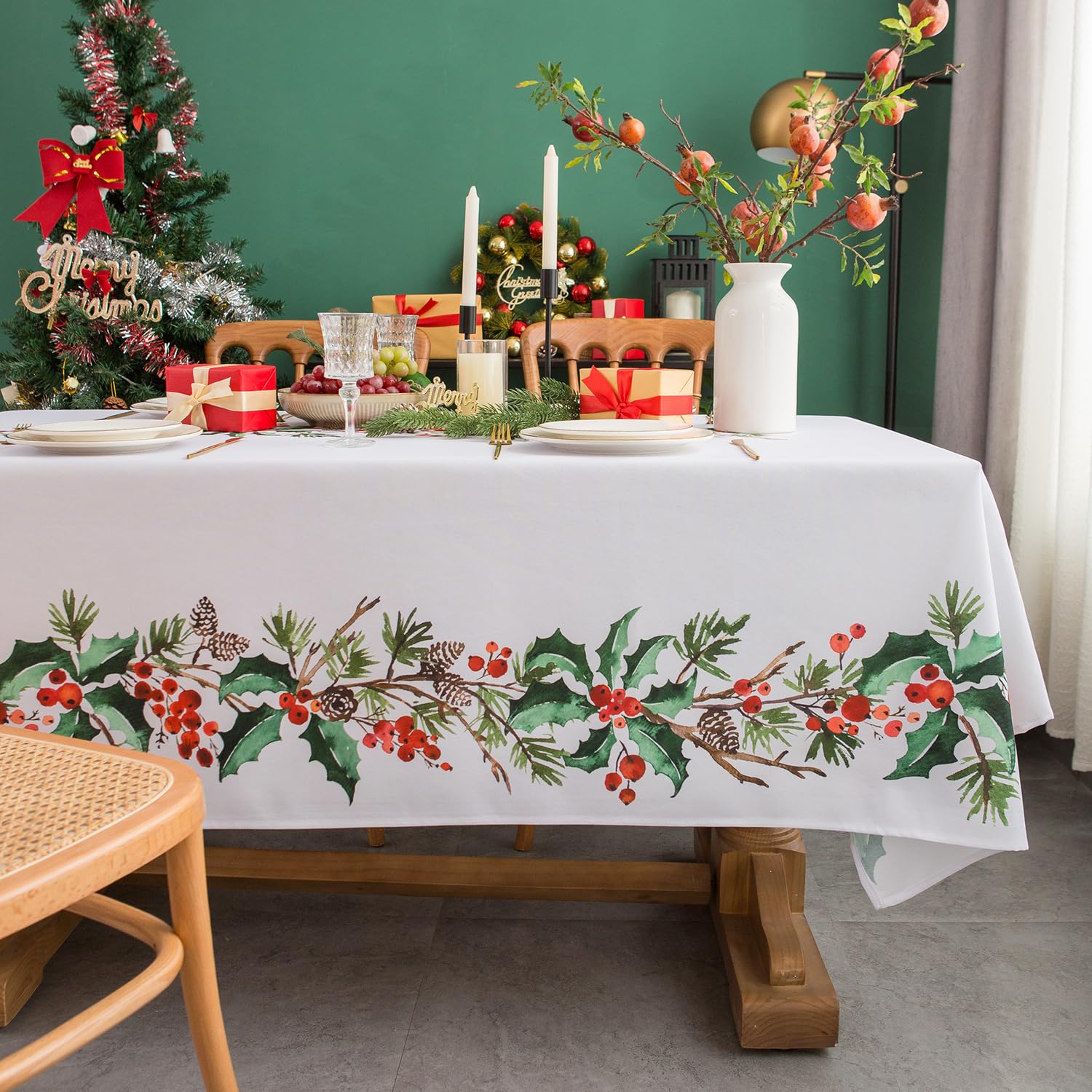EHouseHome Indoor Outdoor Poinsettia Christmas Tablecloth Water Resistant Spill Proof Fabric Table Cover 60x84Inch Rectangle