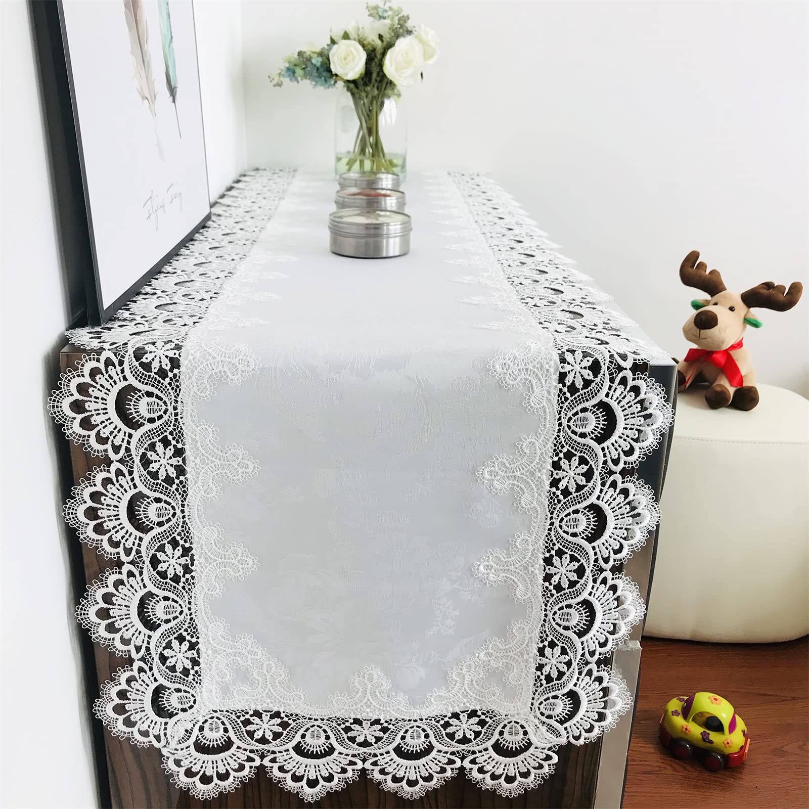 Breksdat Rectangle Table Runner White Embroidered Lace 16 X 70 Inches Wedding Dining Table Dresser Scarf With Carnation Lace Fab