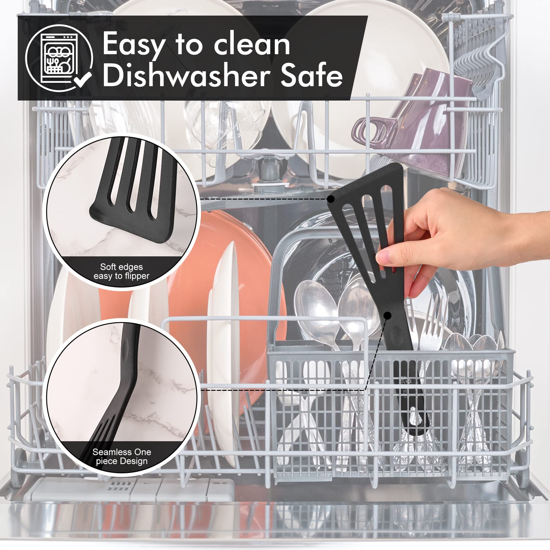 Hotec Heat Resistant Silicone Slotted Fish Turner Spatula Set, Flipper Cooking Spatulas, For Non Stick Cookware Dishwasher Safe,