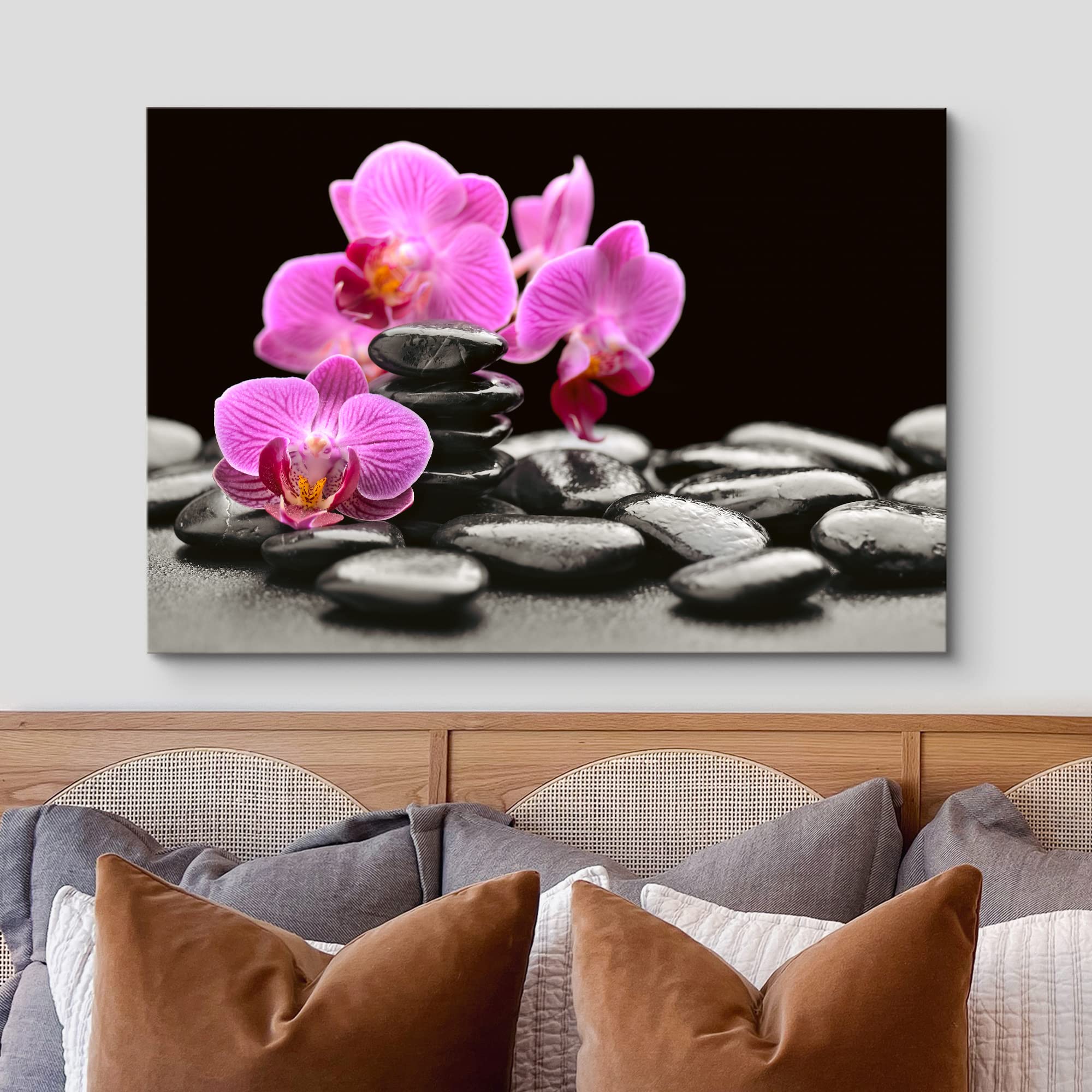 Wall26 Canvas Print Wall Art Purple Orchid Flowers Zen Black Beach Pebbles Nature Wilderness Photography Realism Rustic Landscap