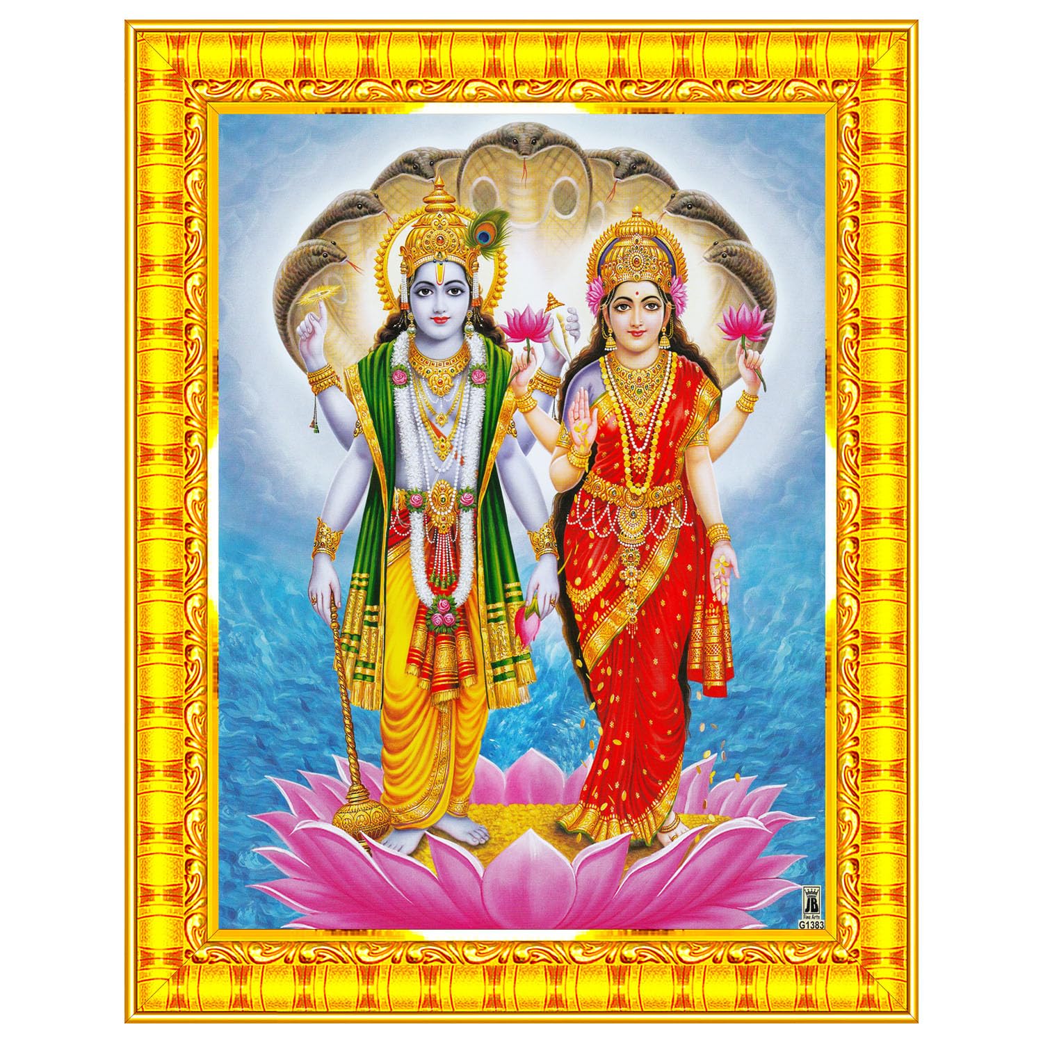 Pavan Photo Laminations Lord Vishnu Dev Lakshmi Devi Laxmi Narayan Ji Wall Painting Framed Home Decor (Wood,Matte,Gold,Small Siz