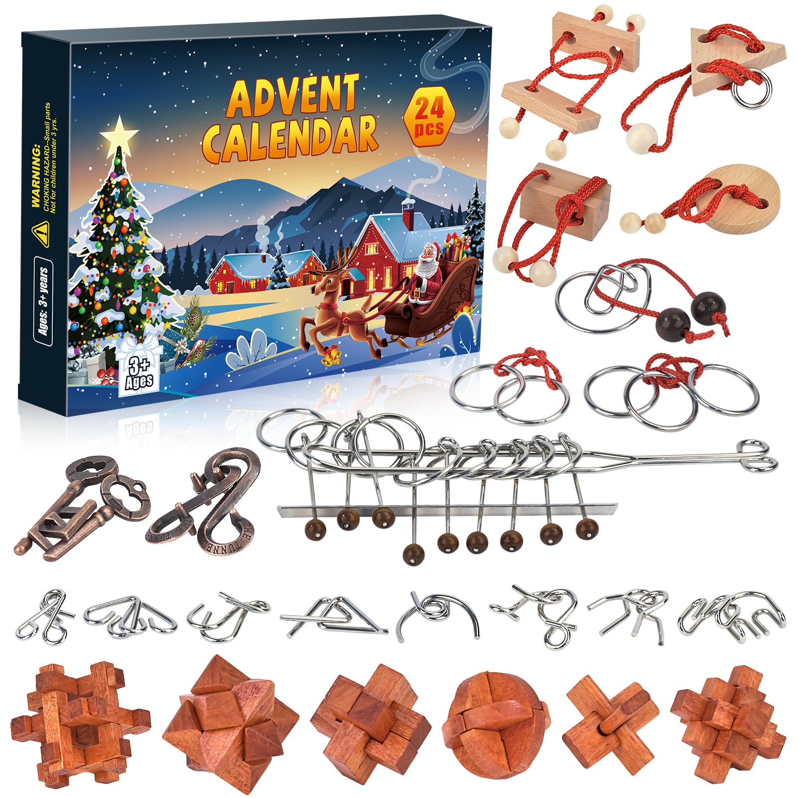 Advent Calendar 2025 Brain Teaser Puzzles for Adults Teens Kids, 24 Pcs Metal & Wood Puzzle Christmas Countdown Calendar with Fu