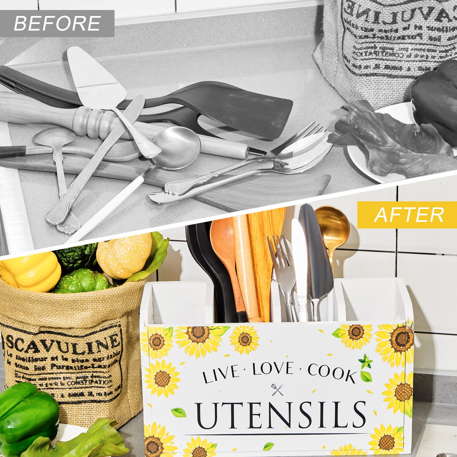 Kathfly Sunflower Kitchen Utensil Holder For Countertop 4 Compartment Large Wooden Rustic Farmhouse Cooking Utensil Organizer Ki