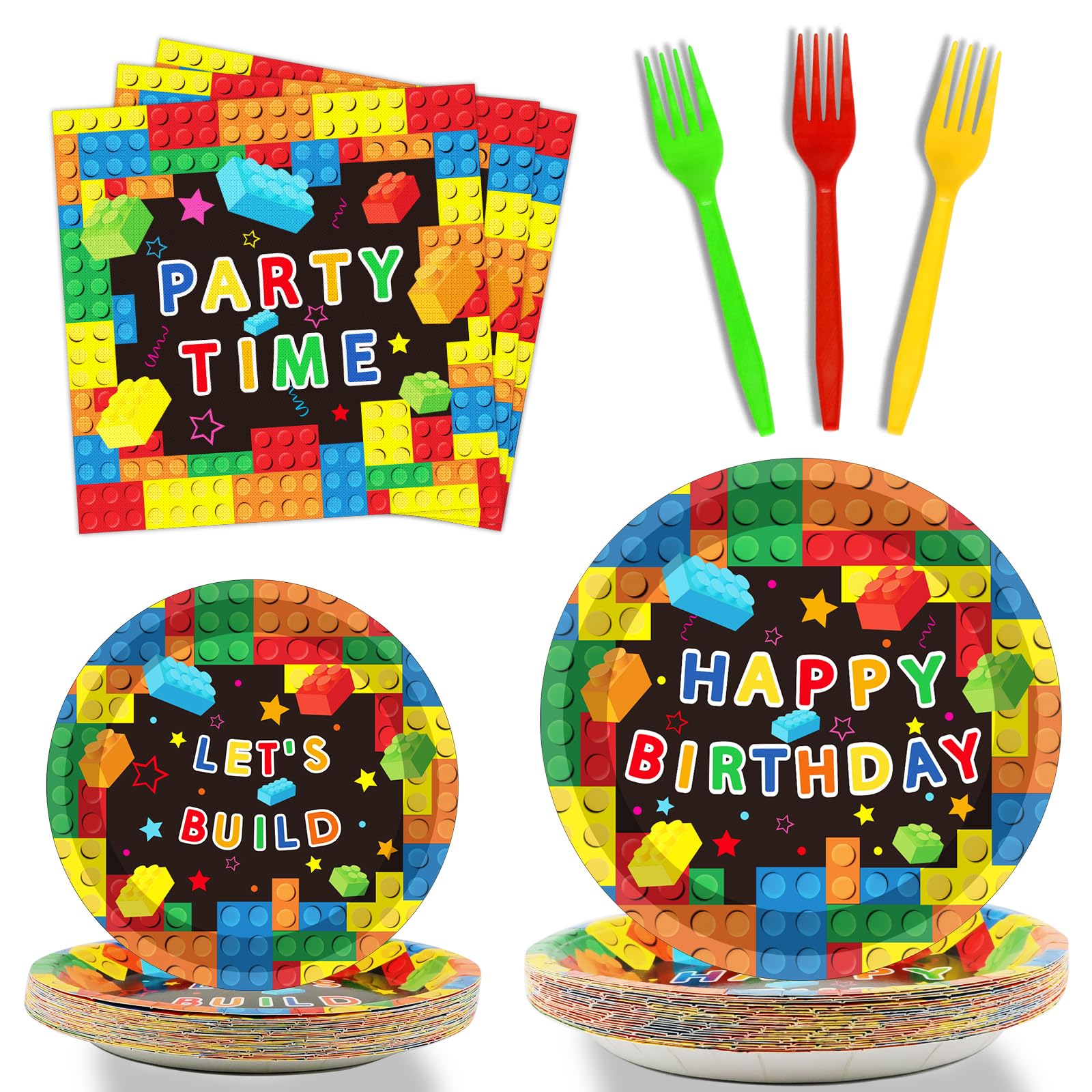 Gisgfim 96 Pcs Building Block Birthday Party Supplies Paper Plates Napkins Colorful Blocks Party Birthday Decorations Favors For
