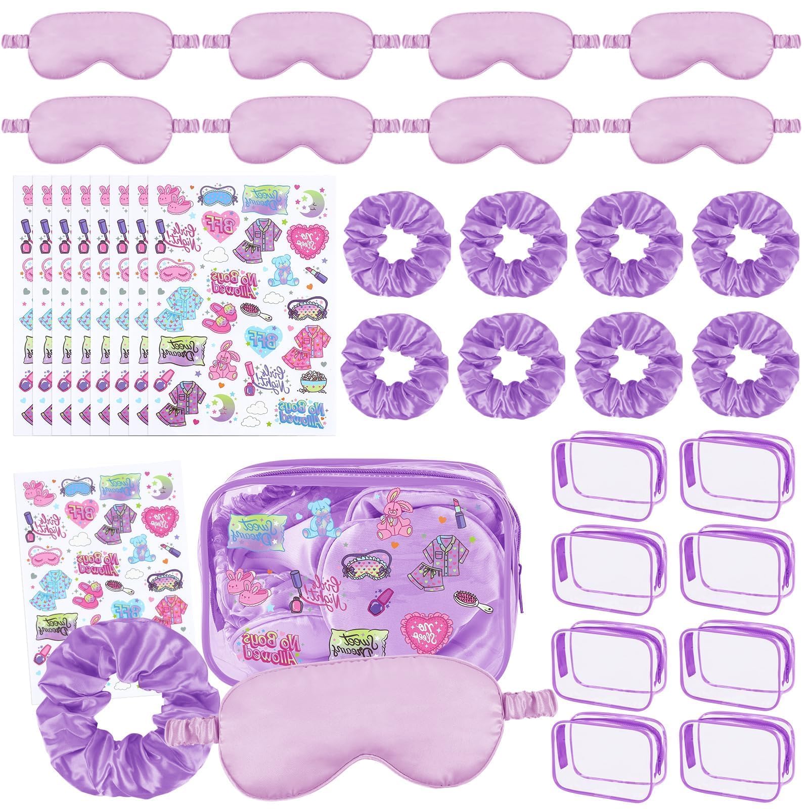 YLOLUL 32 Pcs Spa Sleepover Party Supplies for Girls Makeup Party Favor with Hair Scrunchies Clear Cosmetic Bags Eye Masks Sleep