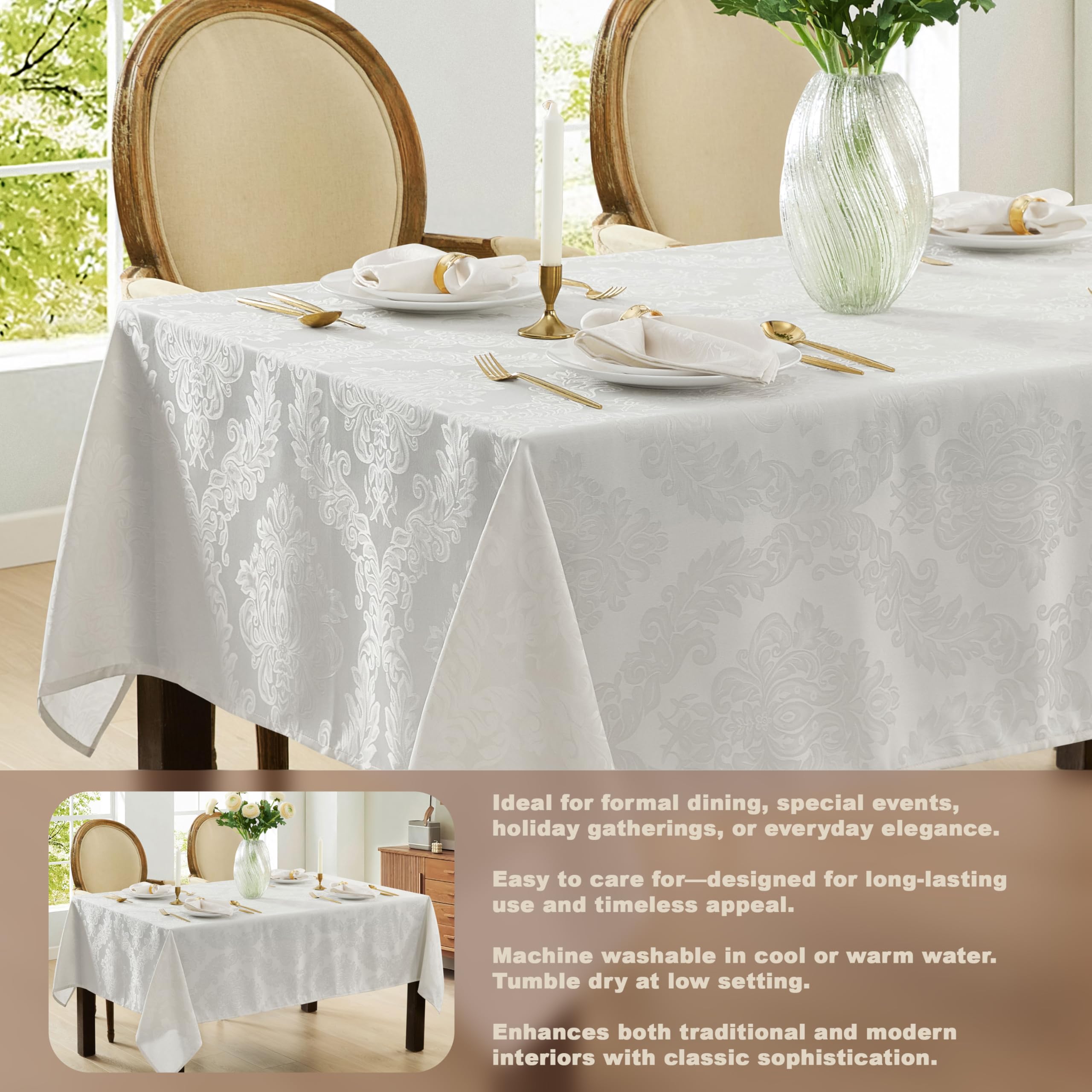 Newbridge Barcelona Luxury Damask Fabric Tablecloth, 100% Polyester, No Iron, Soil Resistant Dining Room, Party And Banquet Tabl