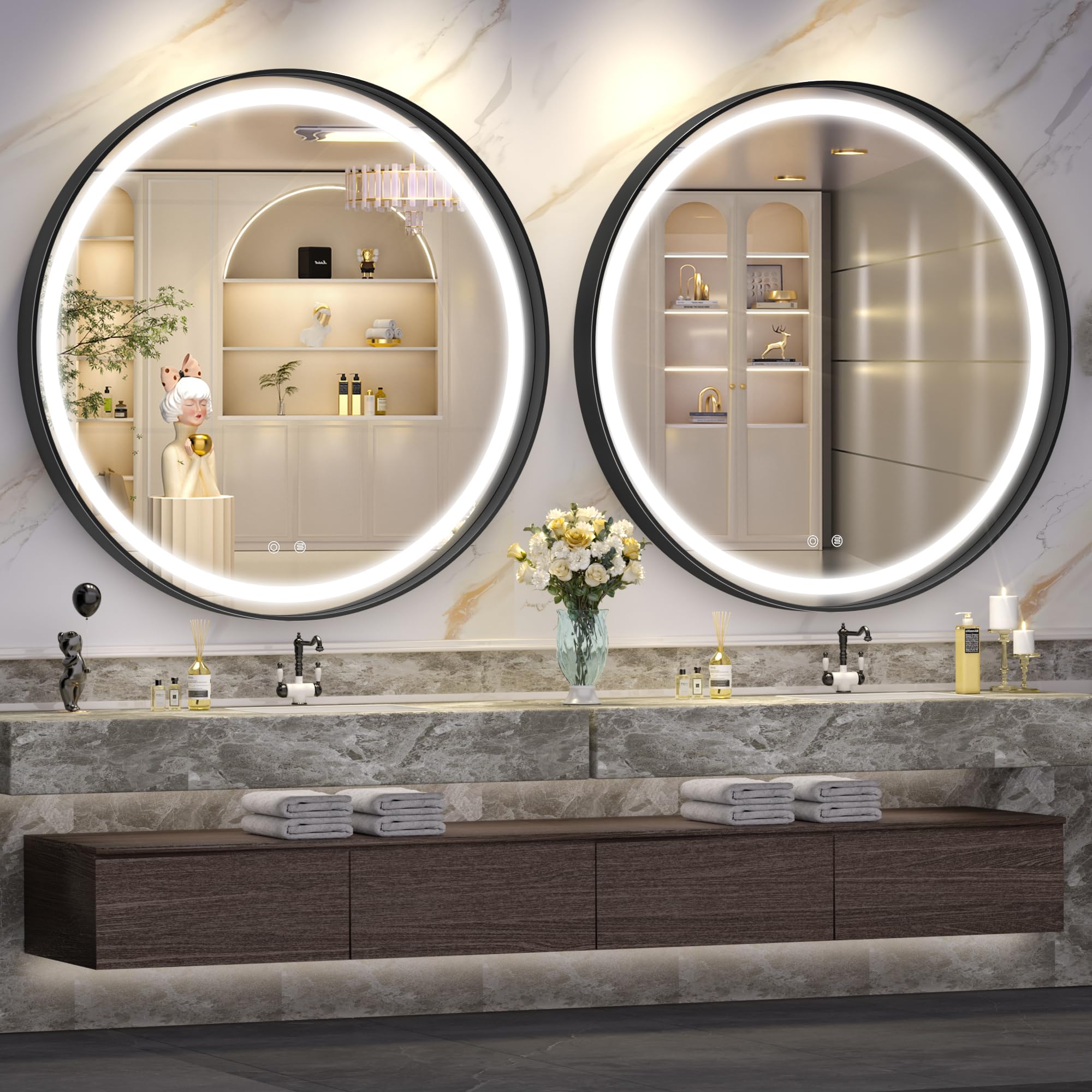 Hasipu 32 Round Led Mirror For Bathroom With Lights, Black Circle Vanity Mirror For Wall, Metal Framed Frontlit Bathroom Mirrors