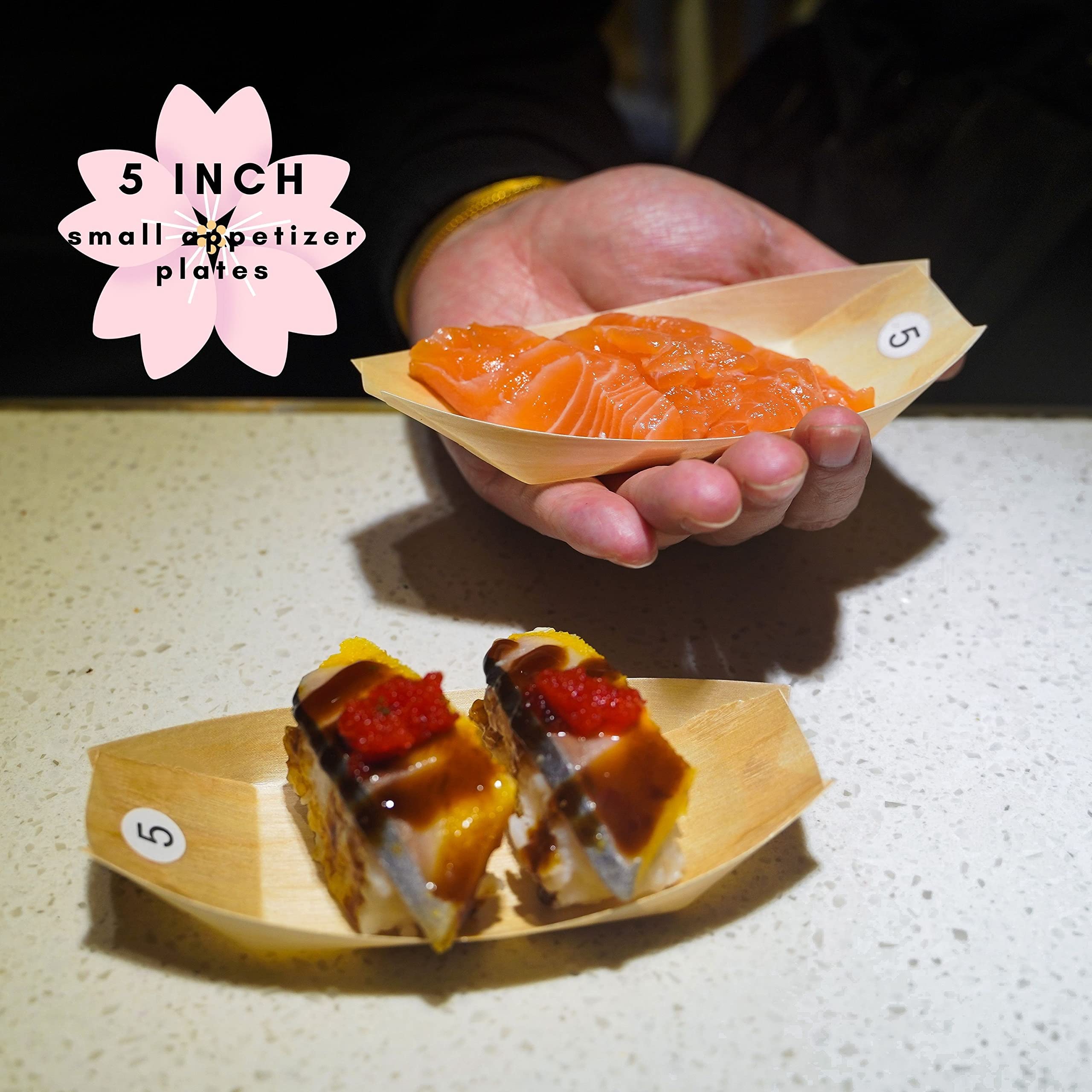 Snowkingdom 200 Pack 5'' Disposable Wood Boat Plates Dishes Better Than Bamboo Biodegradable Eco Friendly Party Sushi Plates