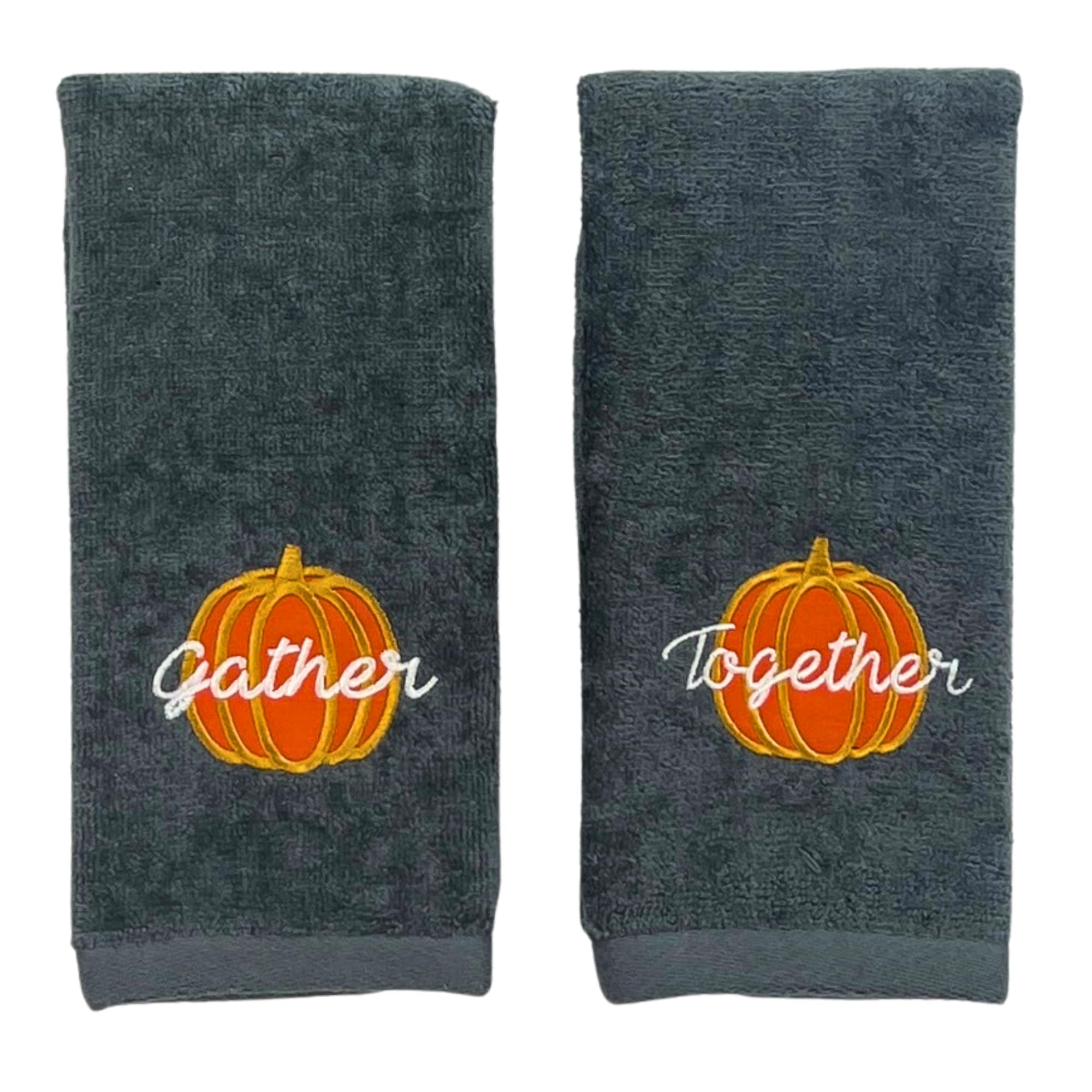 Serafina Home Decorative Fall Decor Fingertip Towels: Embroidered Gather Together Pumpkin On Plush Grey, 2 Piece Set, 11'' X 18'