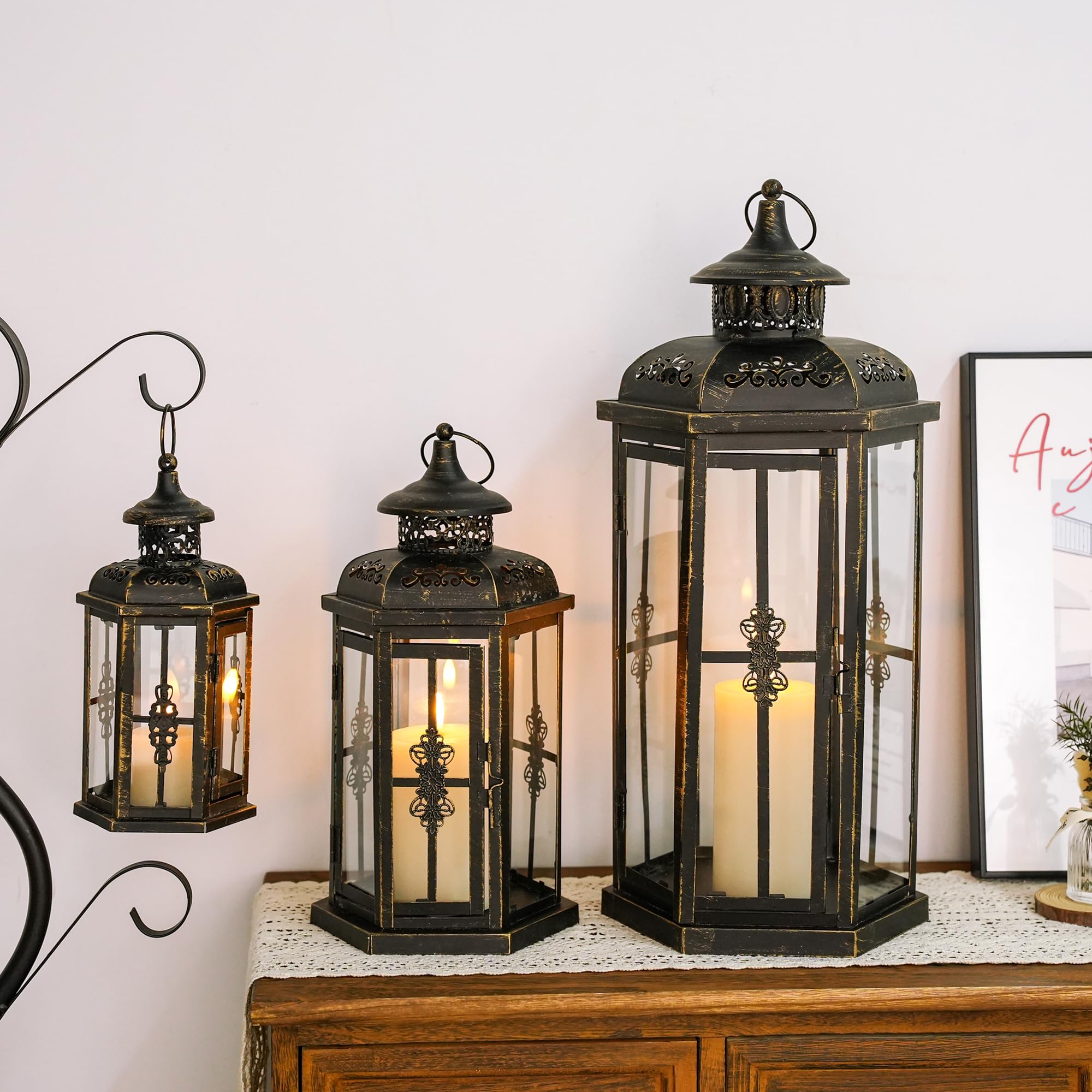 JHY DESIGN Set of 3 Decorative Candle Lanterns 20''&14&10 H Outdoor Candle Lanterns Vintage Metal Cand leholder for Indoor Outdo