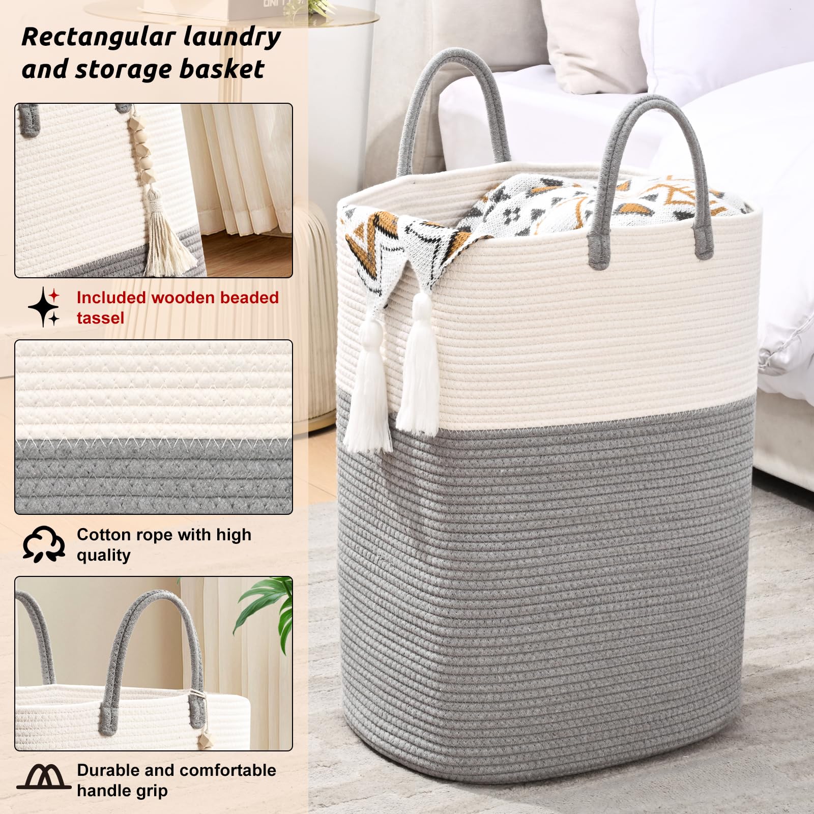 Woven Laundry Basket For Clothes, 100L Large Rectangle Laundry Hampers With Beads Tassel, Nursery Storage Basket For Toys, Tall
