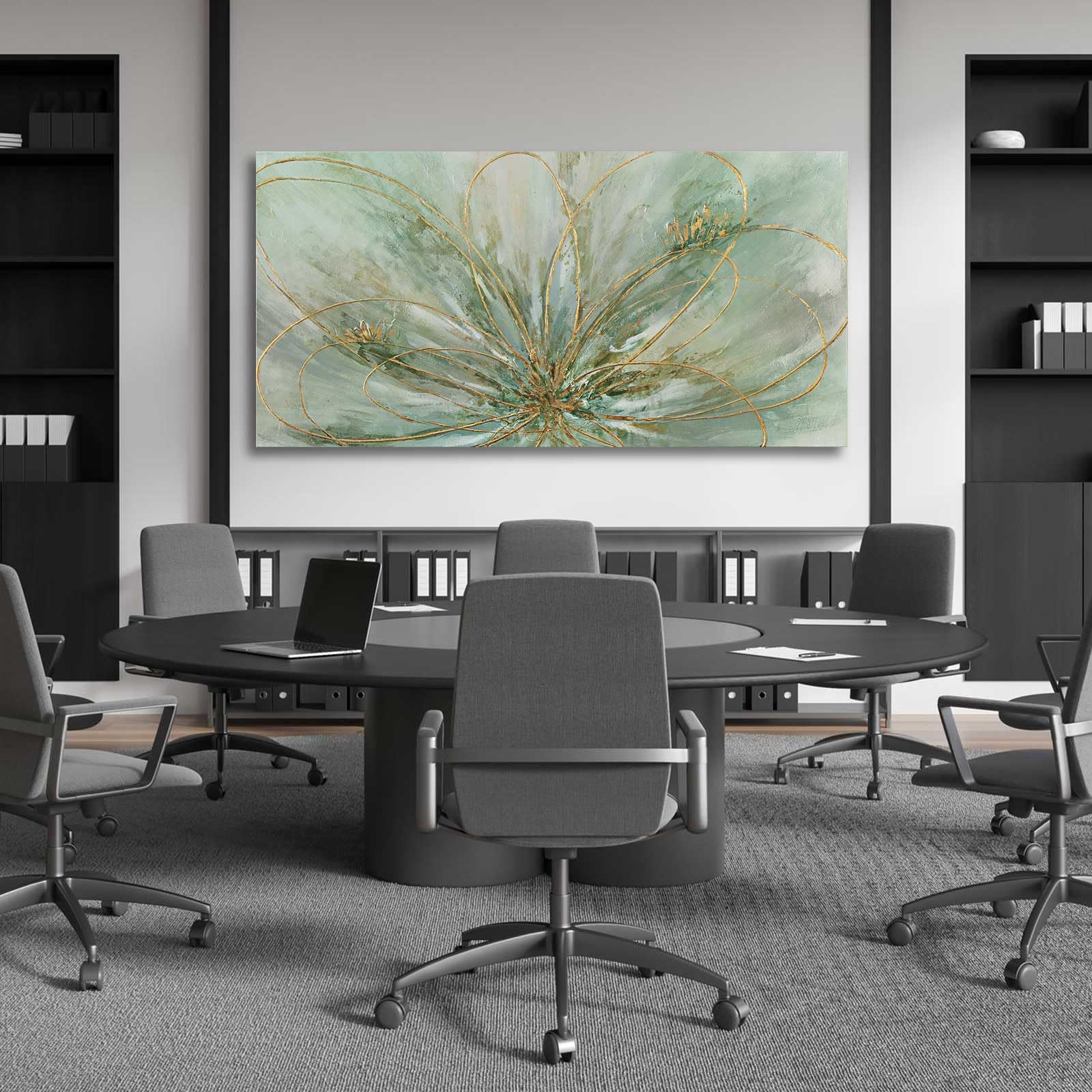 Yjyart Abstract Wall Art Green And Gold Hand Painted Oil Painting Blossom Botanical Large Picture For Living Room Bedroom Kitche