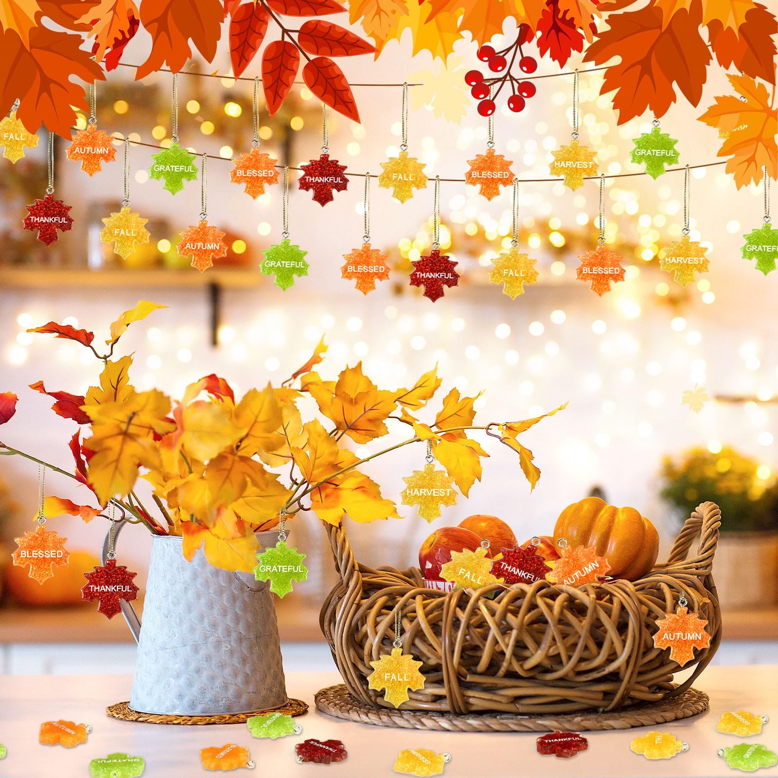 DTOFOOT 48Pcs Glitter Fall Maple Leaf Ornaments Resin Thanksgiving Hanging Ornaments for Small Tree Autumn Harvest Hanging Penda