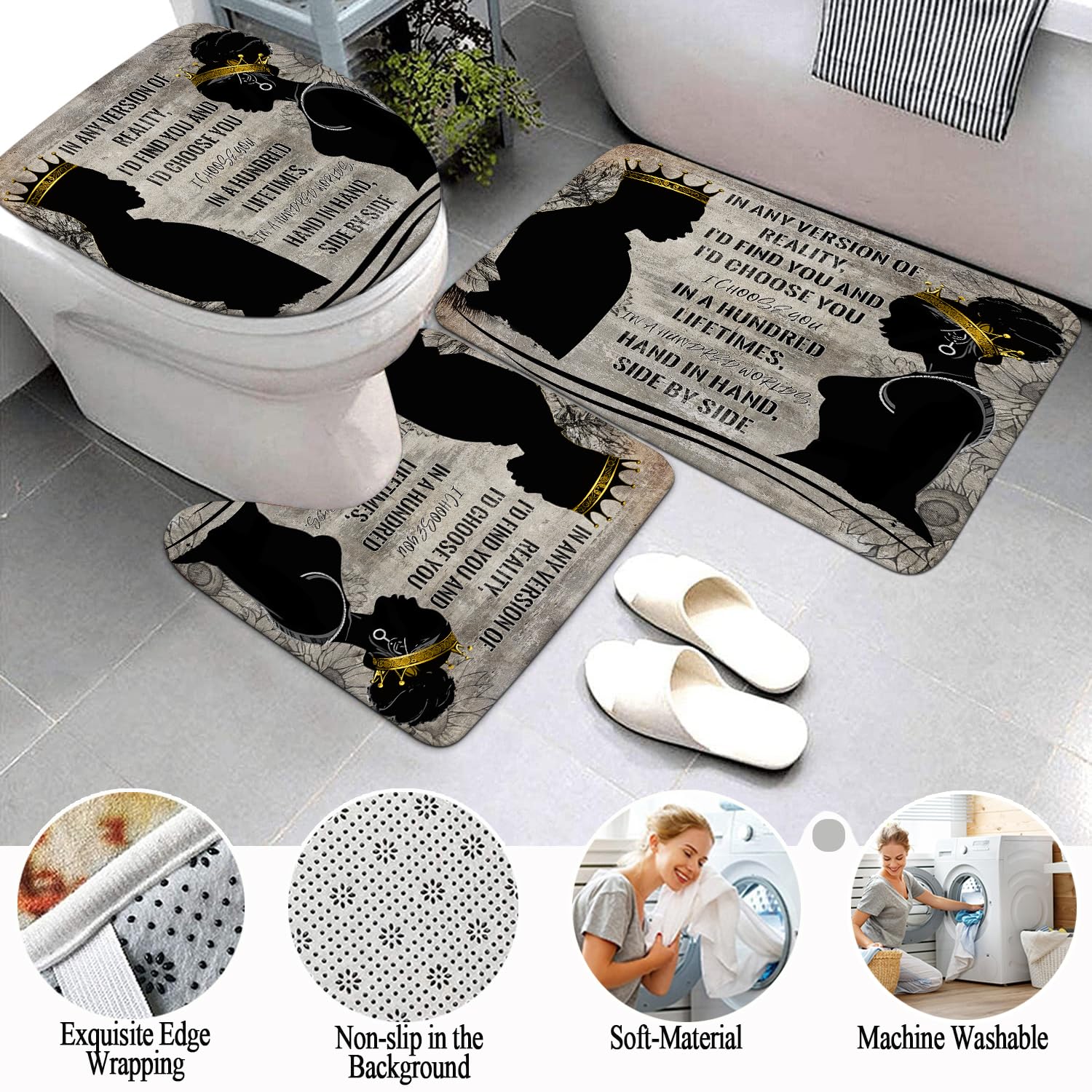 Omebero 4 Pcs Black King Queen Shower Curtain Set, Romantic Words Black Man Women Bathroom Sets With Shower Curtain And Rugs Toi