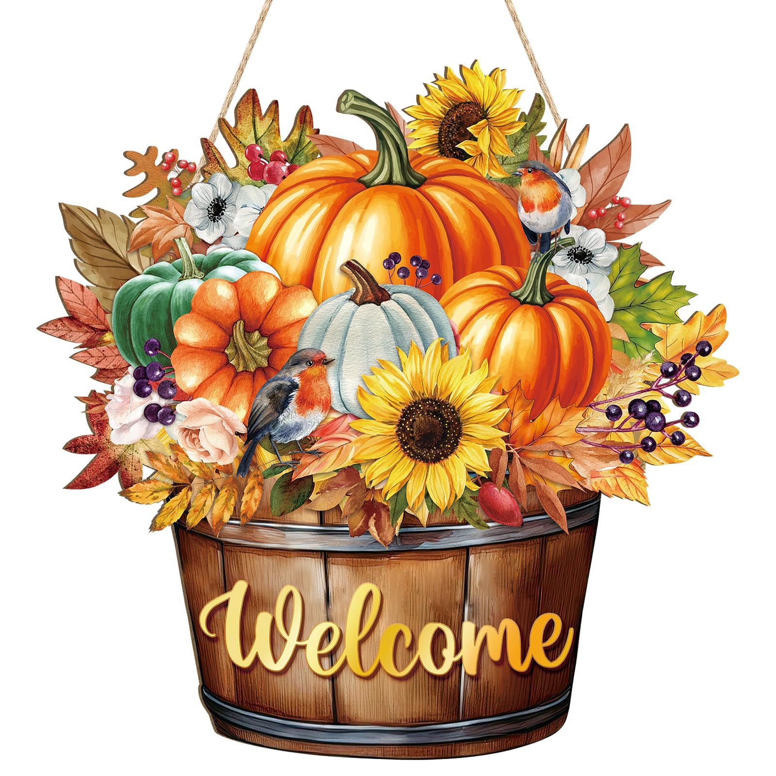 Fall Decoration Welcome Wreaths for Front Door, Wooden Hello Fall Pumpkin Thanksgiving Door Sign Ornament, Wood Mason Jars Maple