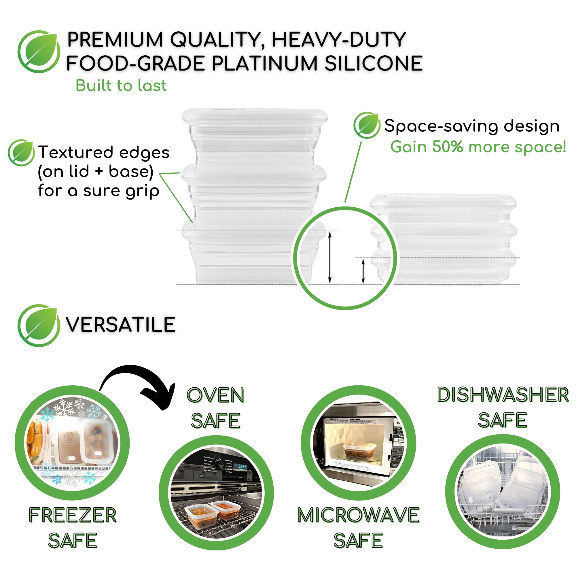 Premium Silicone Collapsible Food Storage Containers With Silicone Leakproof Lids, Platinum Food-Grade, Bpa Free, Lfgb Certified