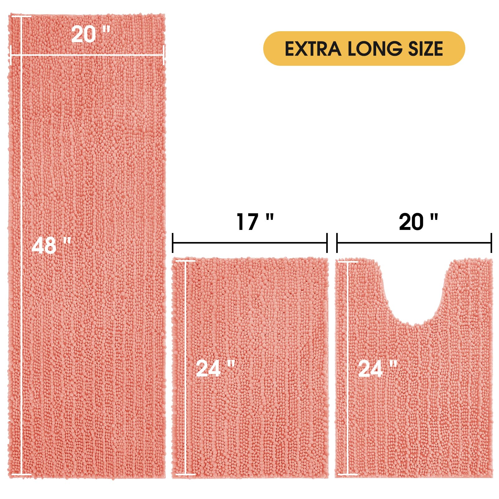 Accumtek Upgrade Extra Large Coral Bathroom Rug Set 3 Pieces Ultra Soft, Thick Absorbent Bath Mats, Non Slip Chenille Toilet Mat