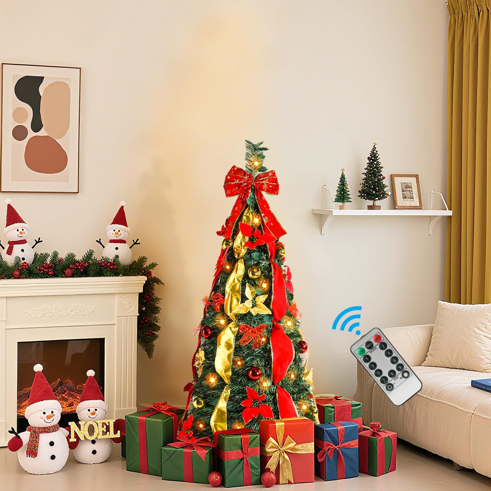 7ft Pop Up Prelit Artificial Christmas Tree with Remote Control, Collapsible Christmas Tree Pre-Decorated Red&Gold Decorations, 