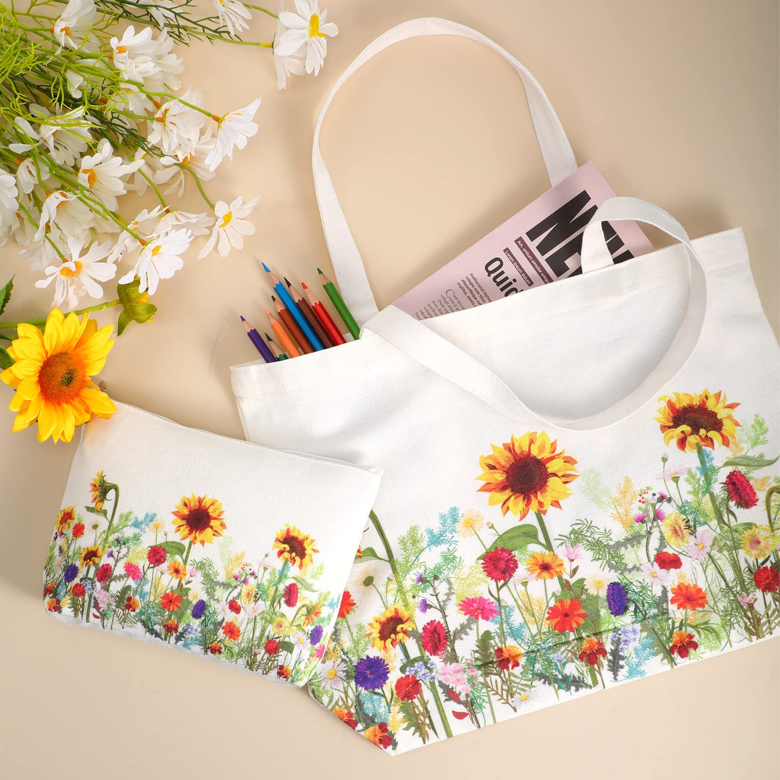 Sadnyy 2 Pcs Sunflower Canvas Tote Bags For Women Cute Aesthetic Floral Makeup Bags Gift For Valentine Shopping Travel Work Gym