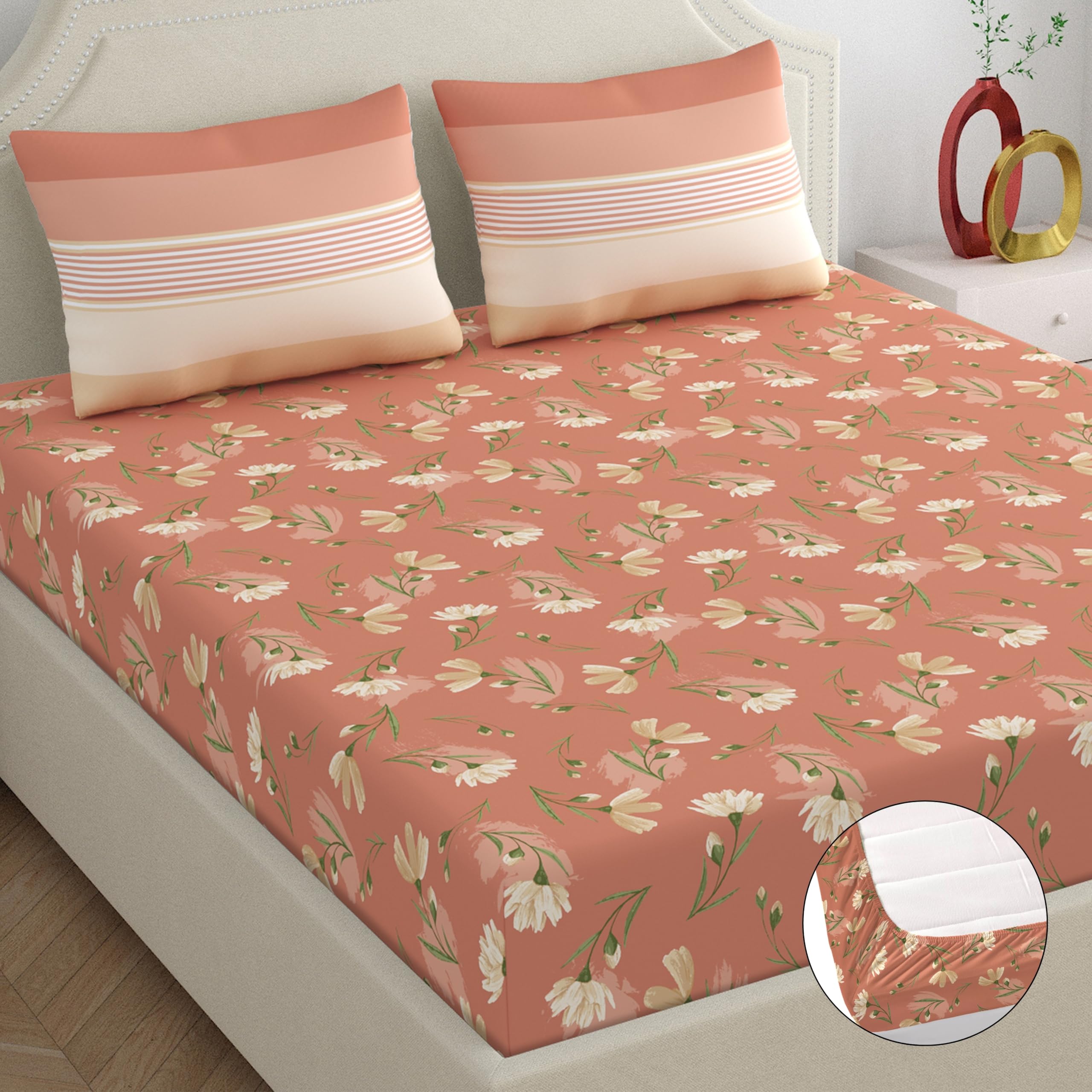 Dreamscape 100% Cotton Fitted Floral Bedsheet For King Bed, 140 Tc, 1 Bed Sheet (Size 72 X 78 Inches + 12 Inches Pocket) With 2 