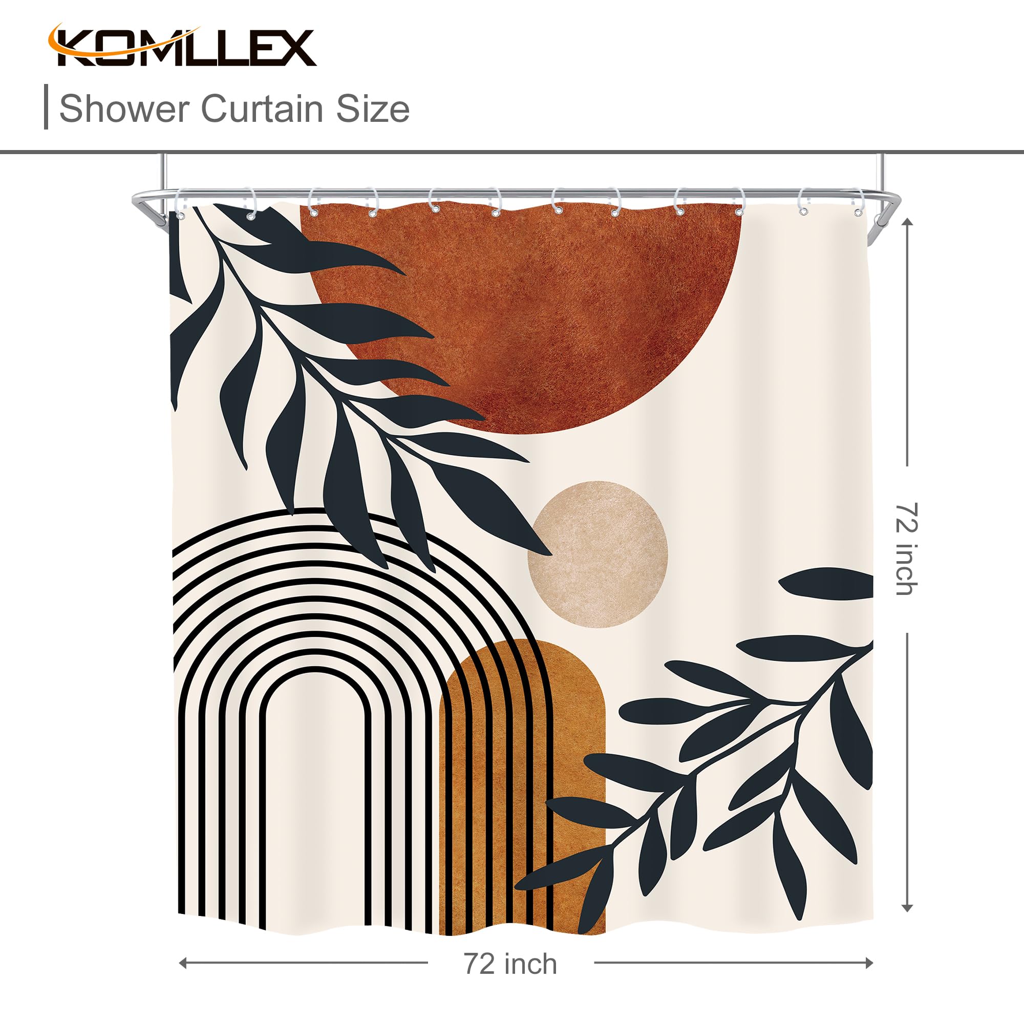 Komllex Boho Abstract Mid Century Shower Curtain Modern Aesthetic Leaves Neutral Minimalist Geometric Arch Brown Sun Plant Fabri