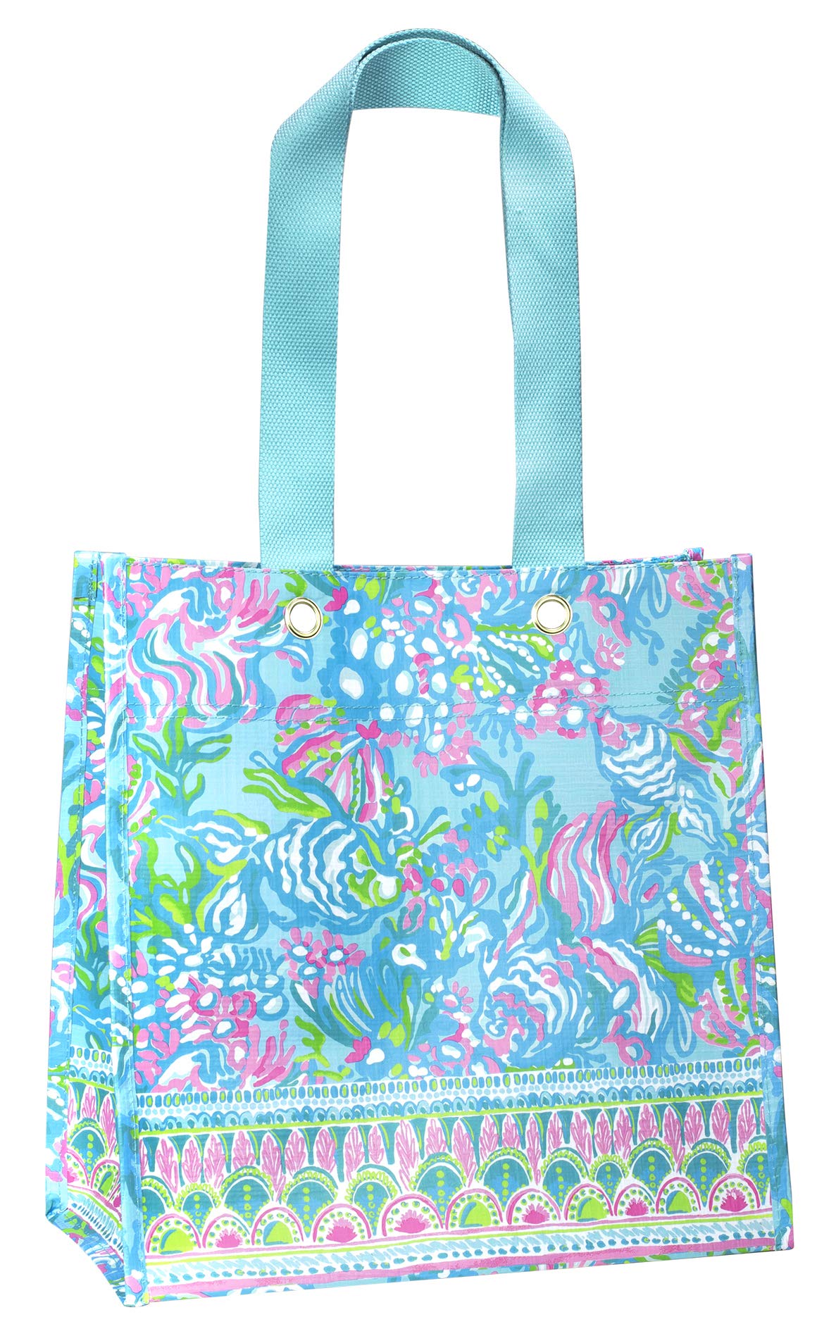 Lilly Pulitzer Blue/Green Market Shopper Bag, Reusable Grocery Tote With Comfortable Shoulder Straps, Aqua La Vista
