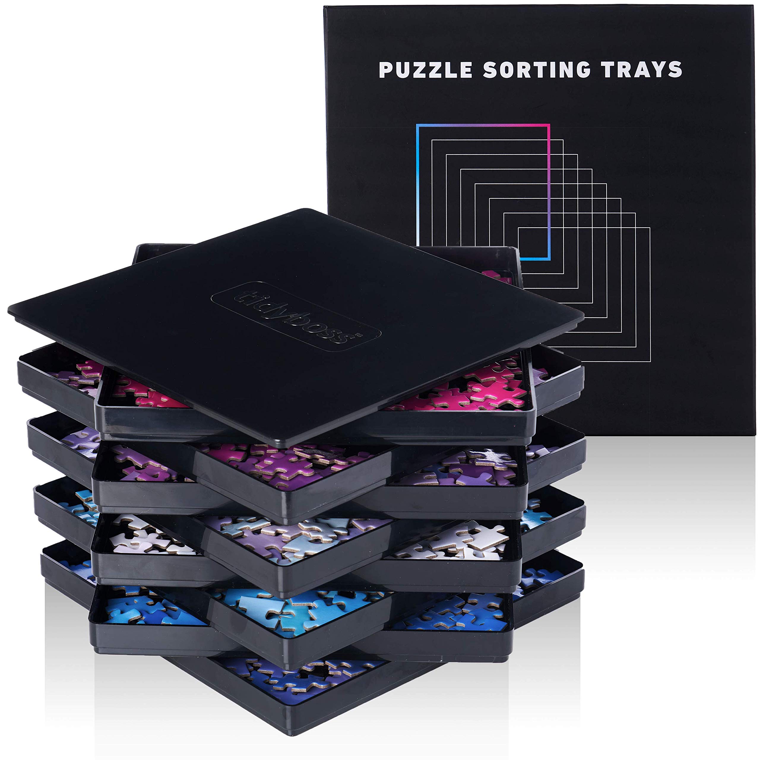 8 Puzzle Sorting Trays With Lid 10 X 10 Inches - Jigsaw Puzzle Accessories Black Background Makes Pieces Stand Out To Better Sor