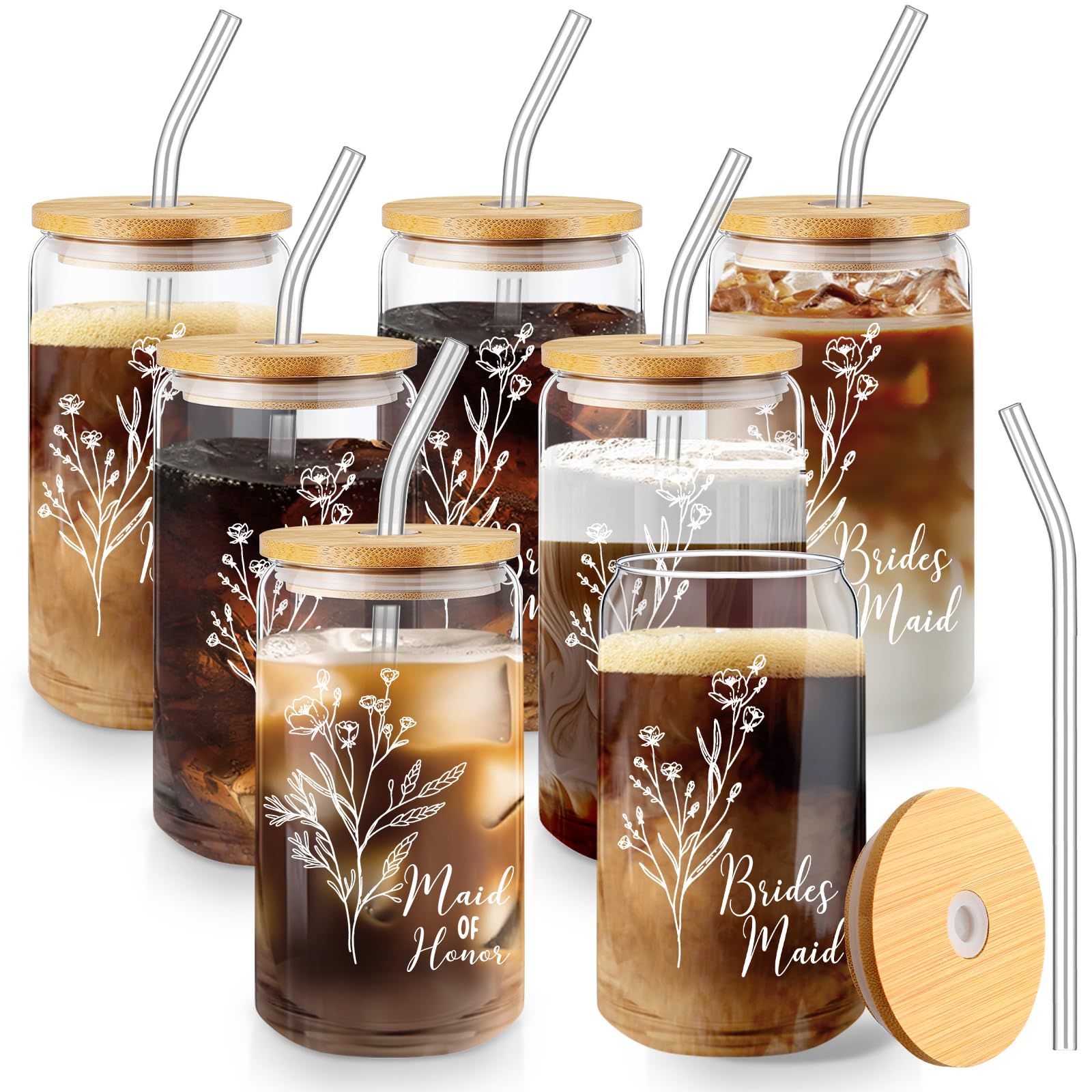 Layhit 7 Pcs Bridesmaid Gifts Bridesmaid Proposal Gifts 16 Oz Cute Can Shaped Drinking Glasses with Bamboo Lids and Glass Straw 