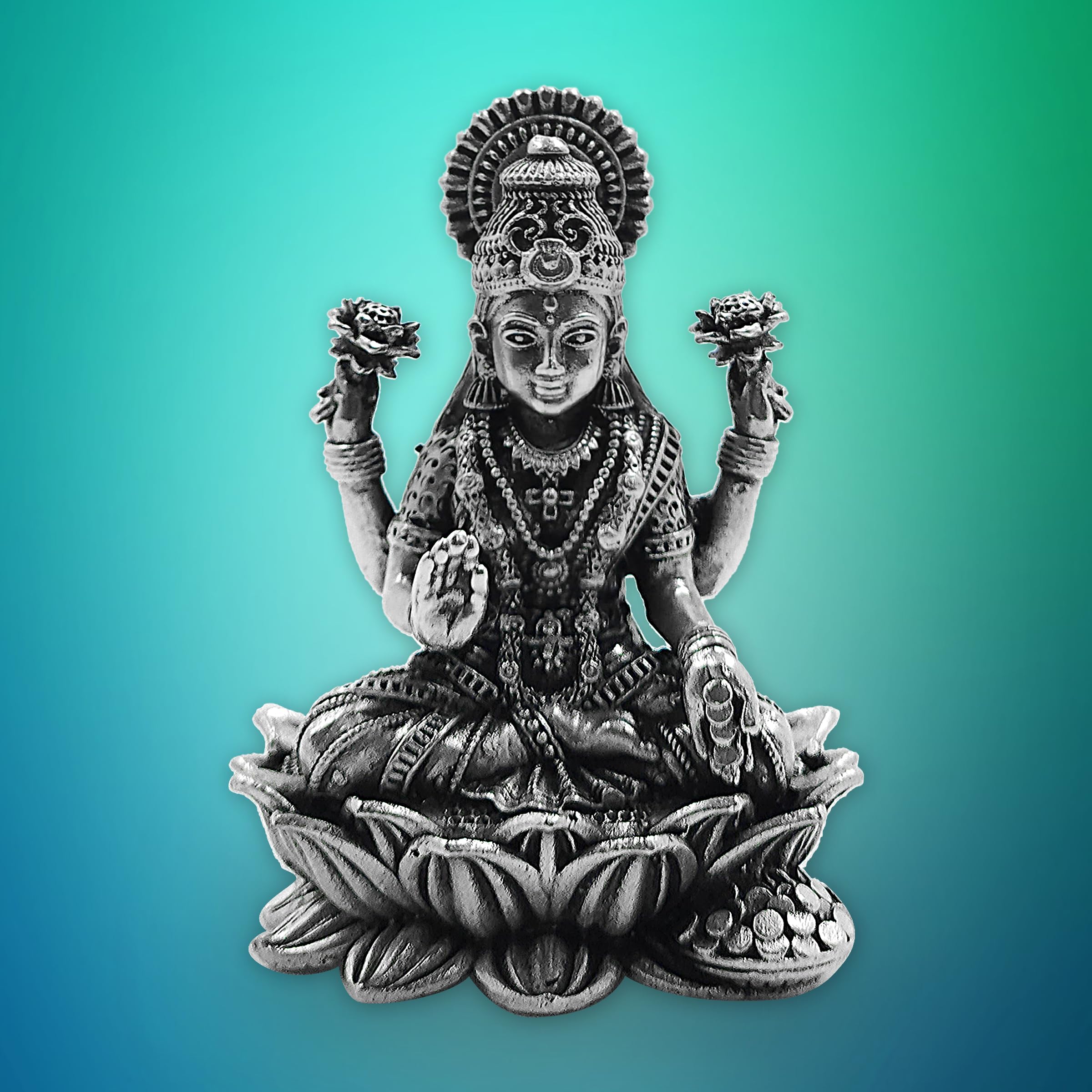 Maa Silver Pure Silver Goddess Lakshmi/Laxmiji Semi-Solid Idol/Murti On Lotus/Kamal With Antique Oxidized Finish Perfect For Poo