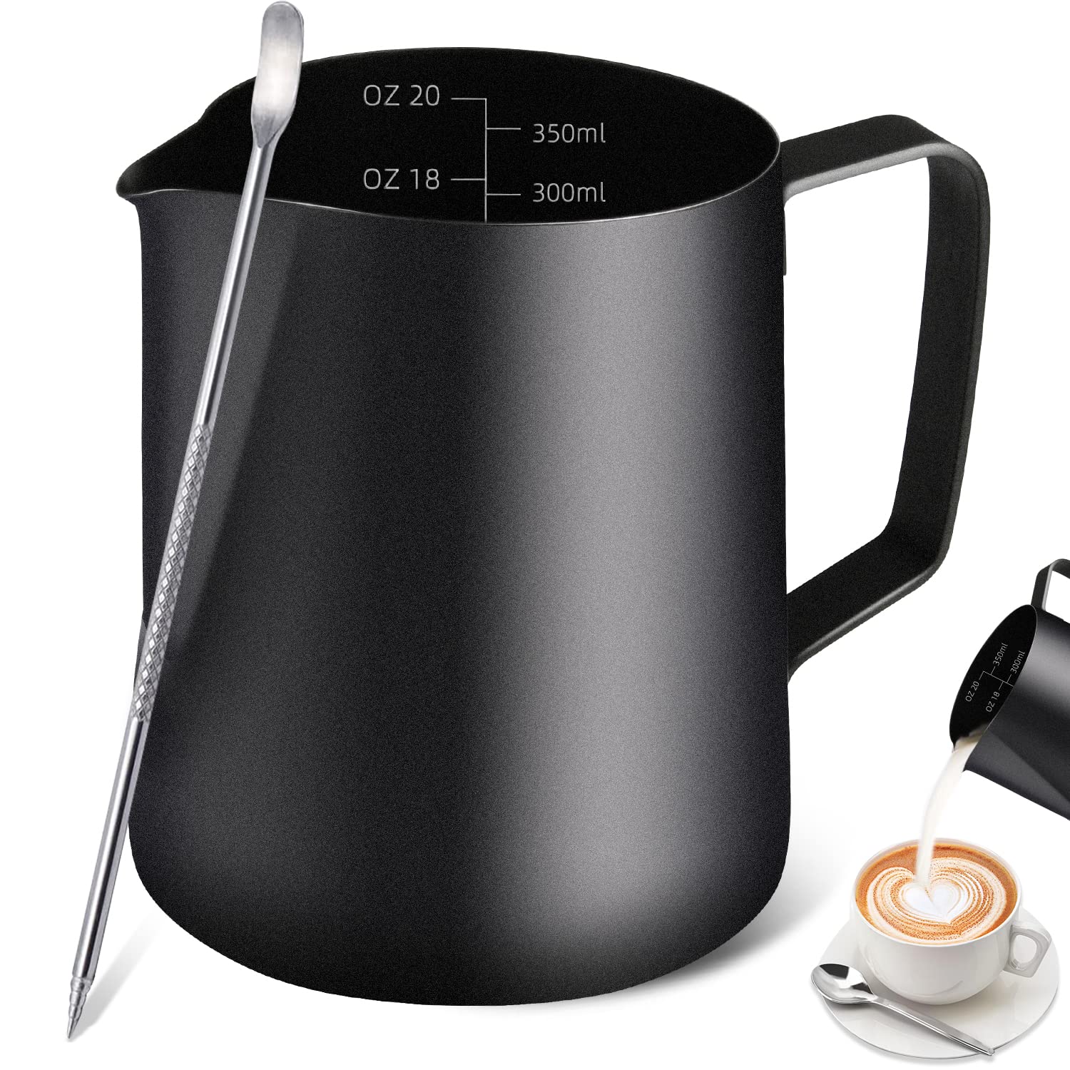 Milk Frothing Pitcher, 12Oz/350Ml Stainless Steel Espresso Steaming Pitcher Coffee Milk Frother Cup With Decorating Art Pen For