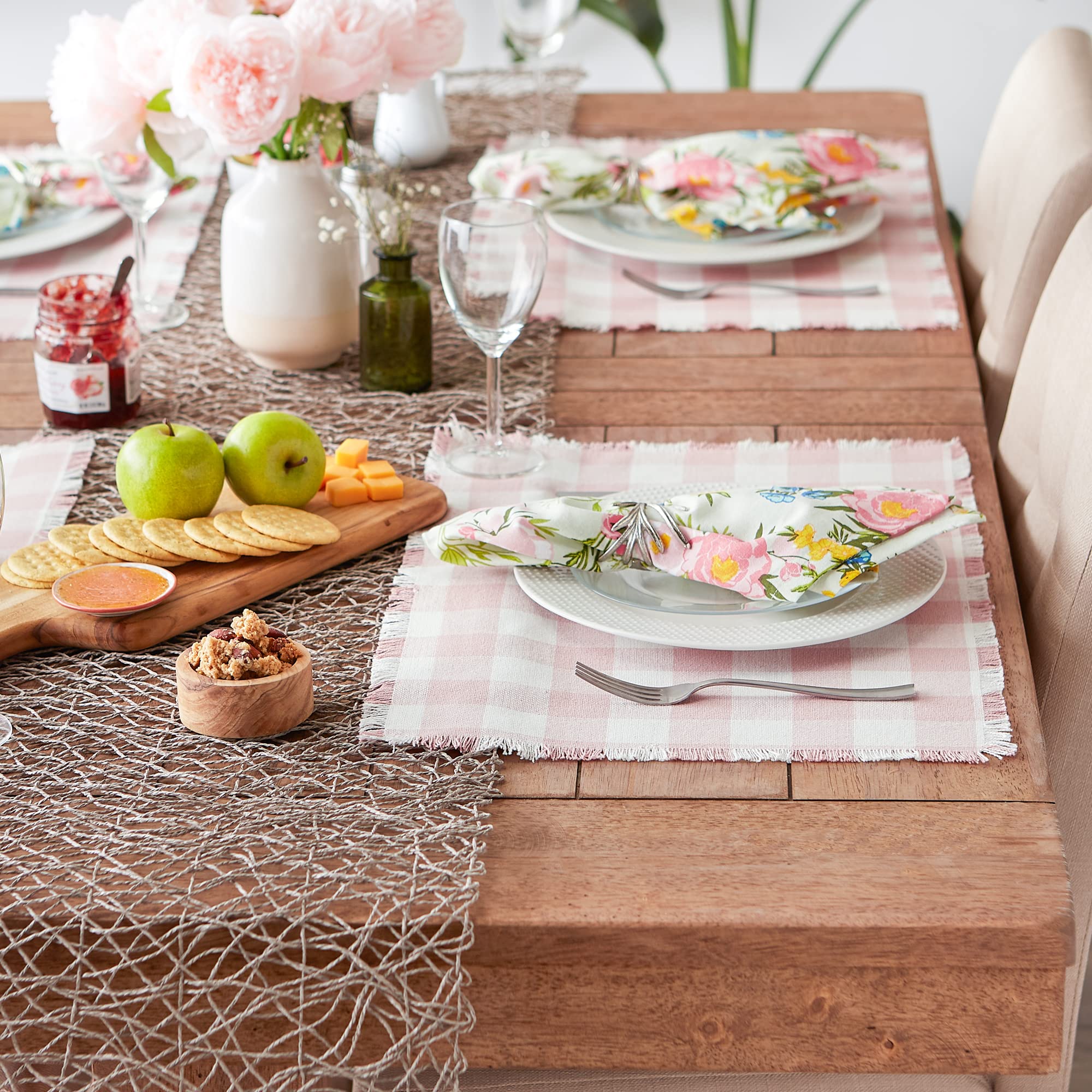 DII Heavyweight Fringed Check Tabletop Collection  Placemat Set  13x19  Pale Mauve  6 Piece