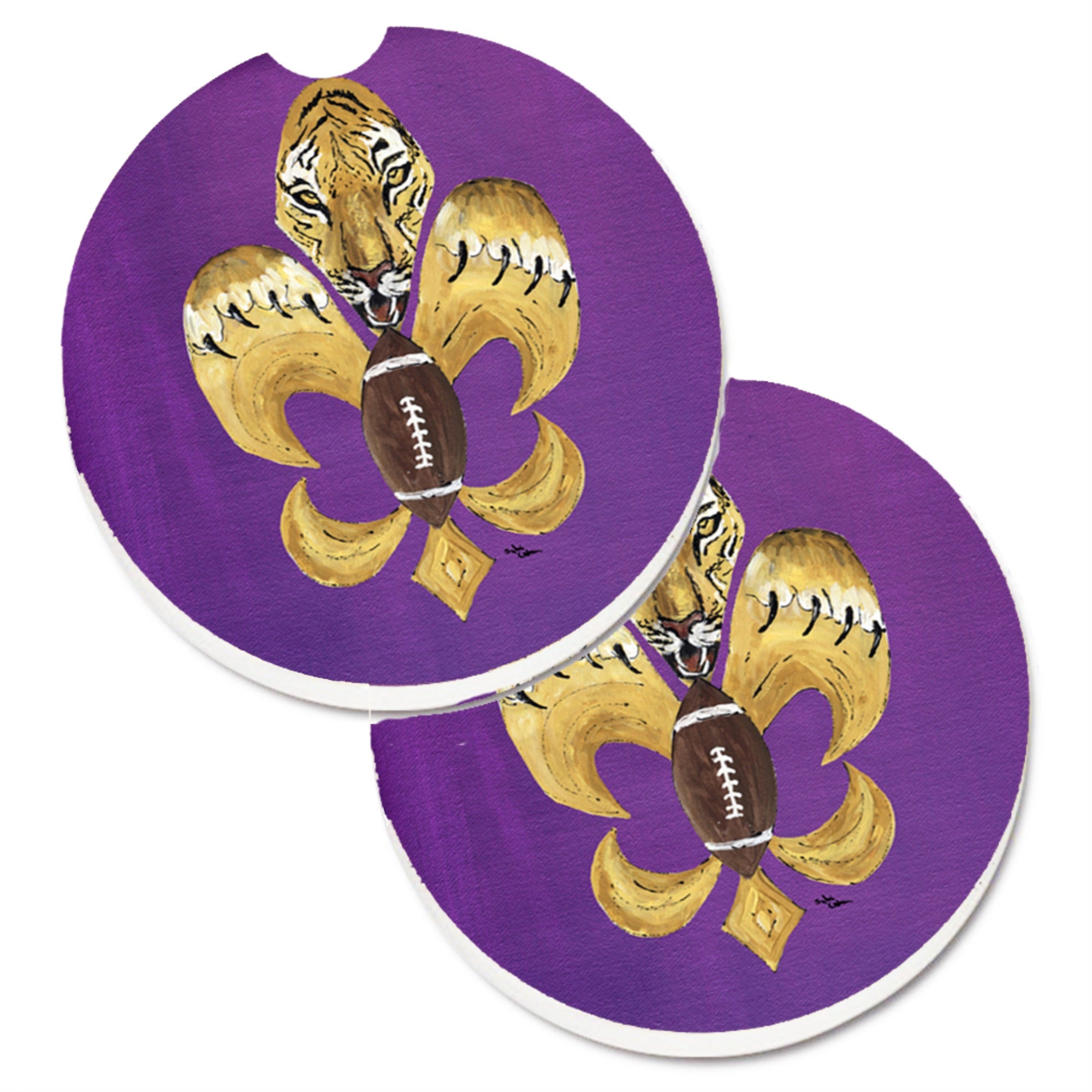 'Caroline'S Treasures Tiger Football Fleur De Lis Set Of 2 Cup Holder Car Coasters 8205-2Carc, 2.56, Multicolor''