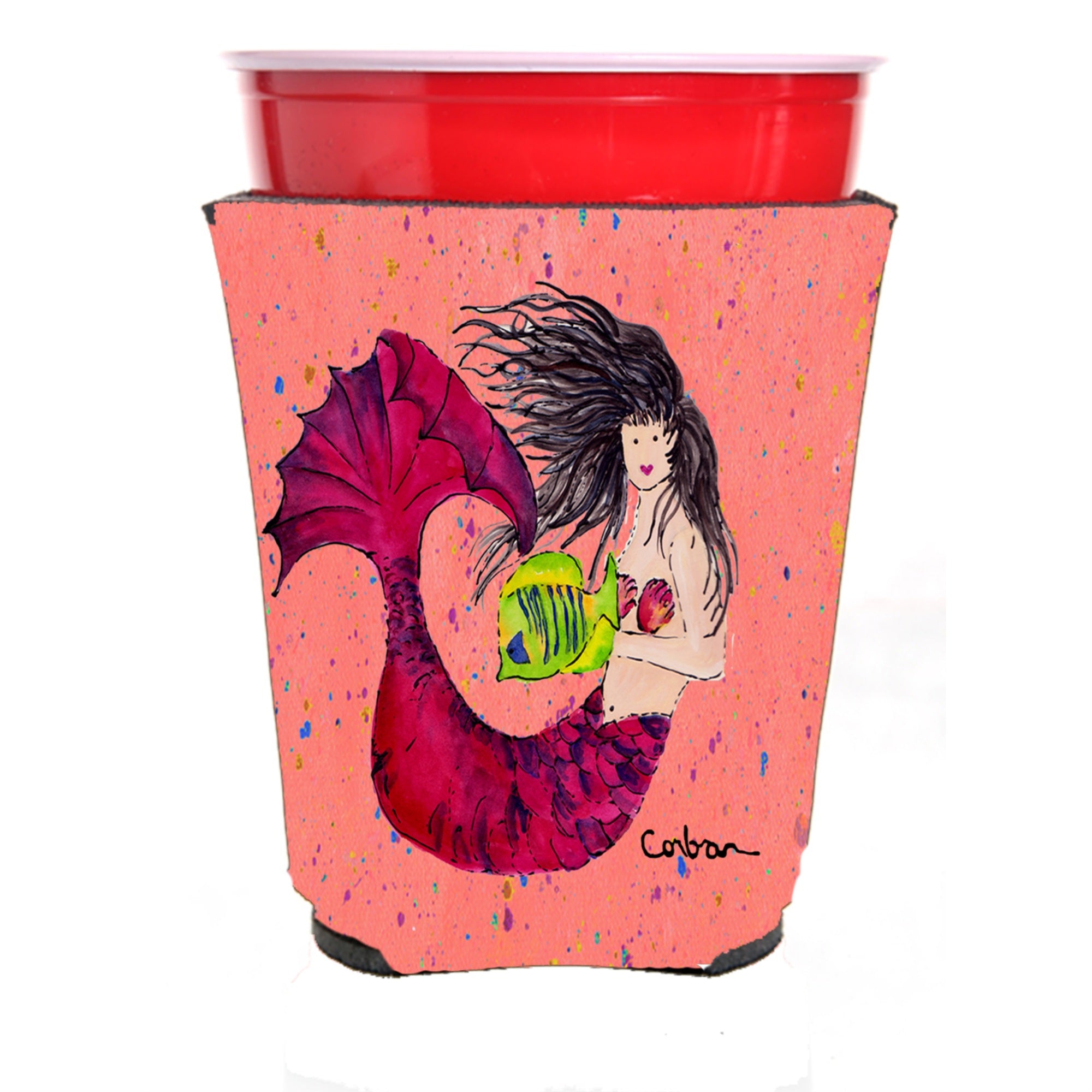 Mermaid Black Hair Mermaid Red Solo Cup Beverage Insulator Hugger
