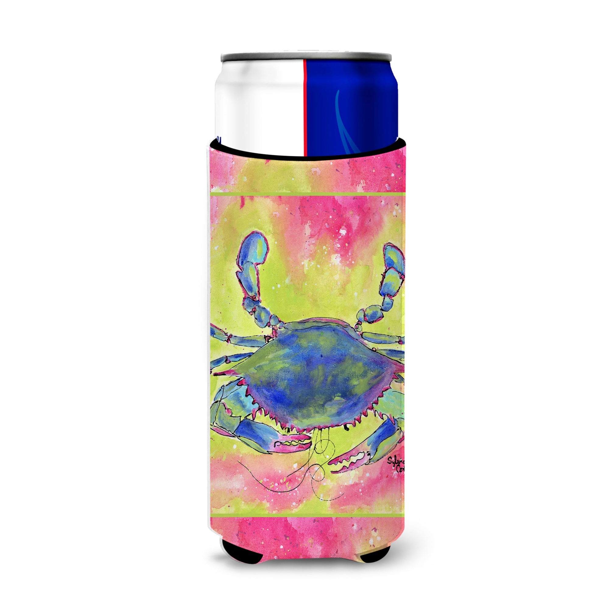 Blue Crab Bright Pink And Green Ultra Beverage Insulators For Slim Cans 8343Muk