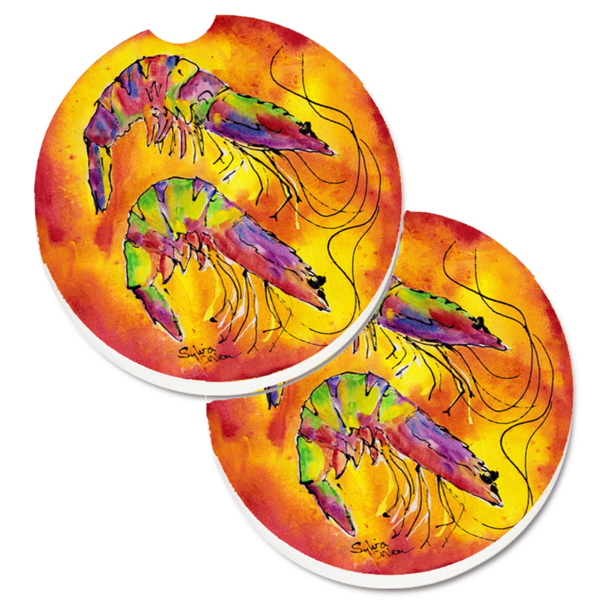 'Caroline'S Treasures Bright Shrimp On Red Set Of 2 Cup Holder Car Coasters 8378Carc, 2.56, Multicolor''