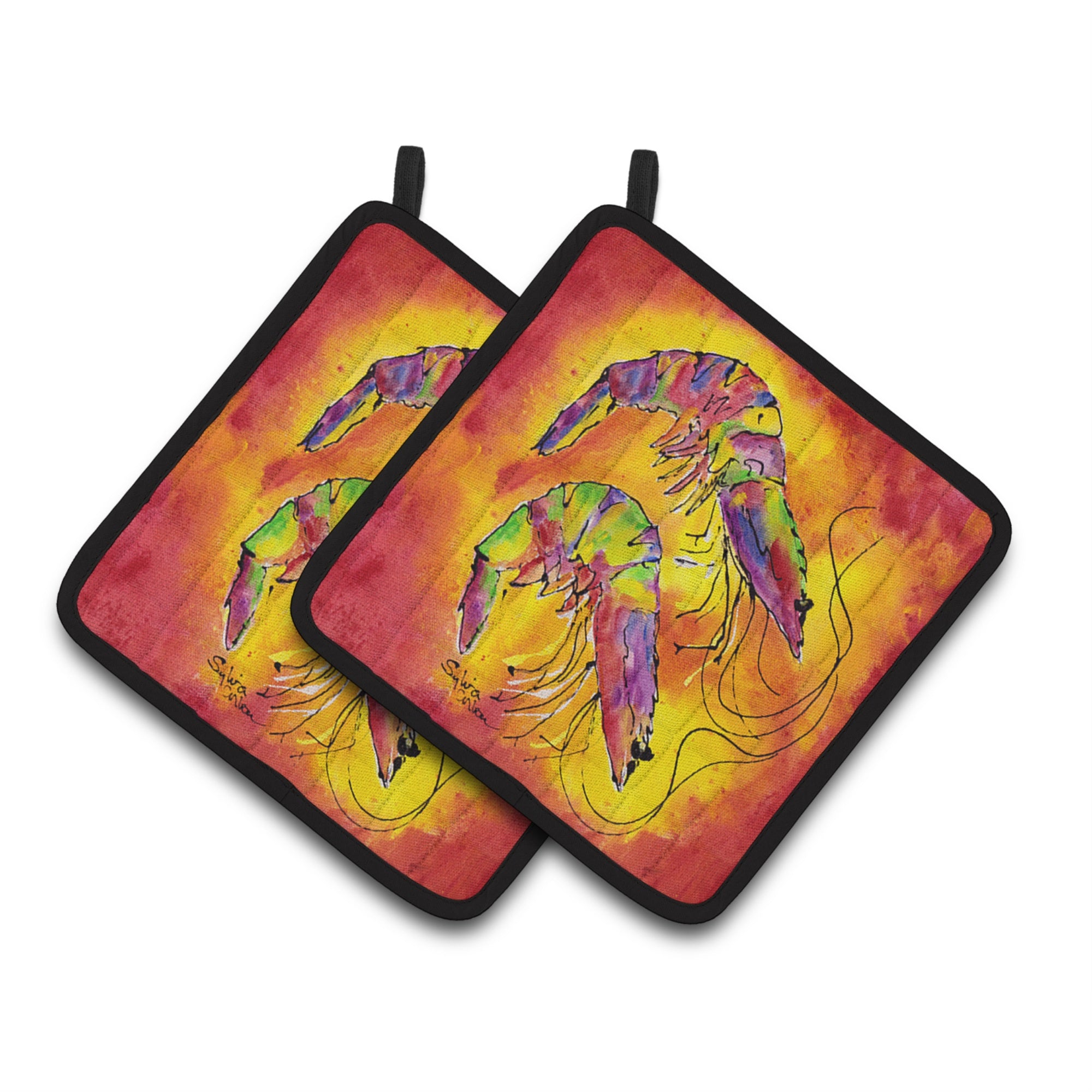 'Caroline'S Treasures Bright Shrimp On Red Pair Of Pot Holders 8378Pthd, 7.5Hx7.5W, Multicolor''