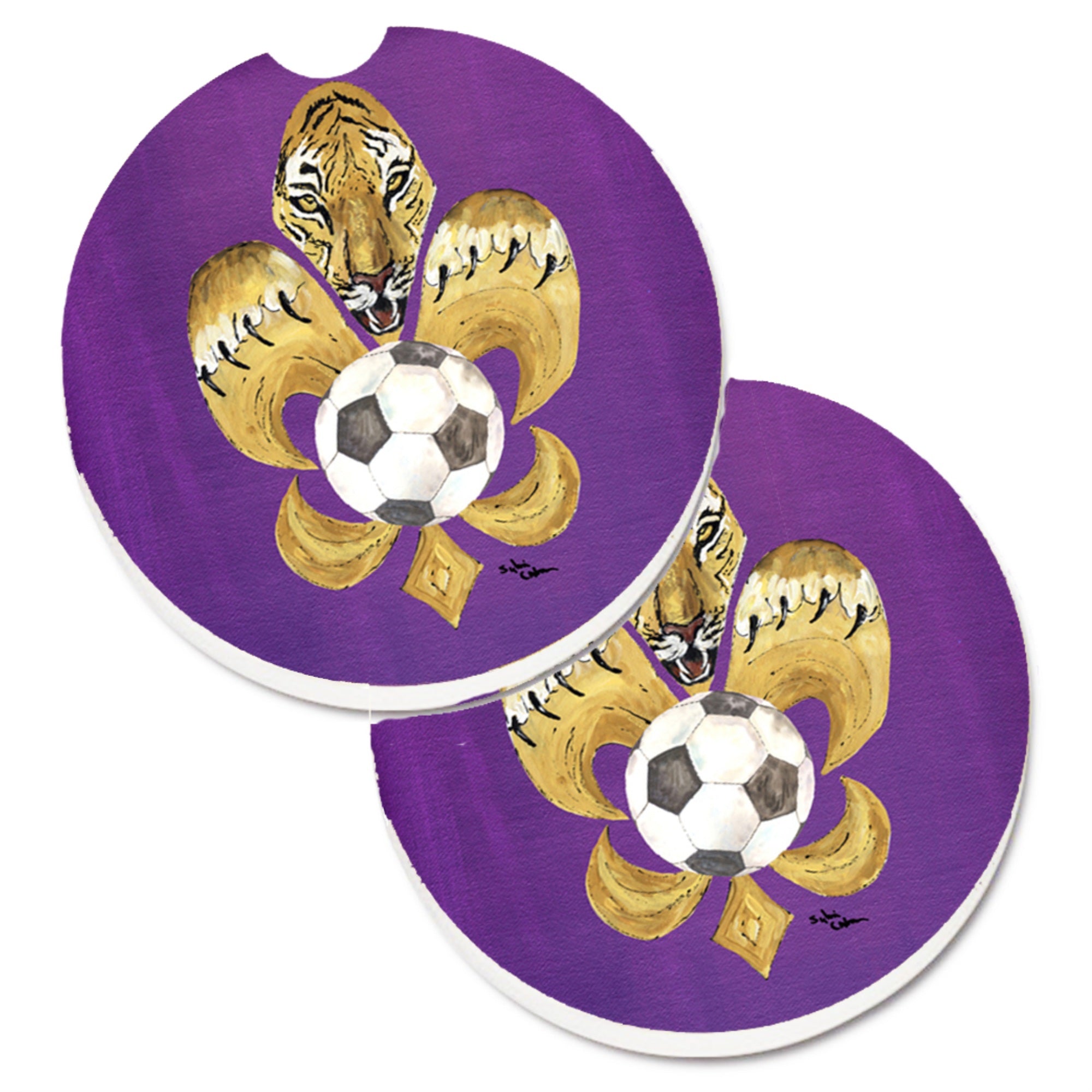 'Caroline'S Treasures Tiger Fleur De Lis Soccer Set Of 2 Cup Holder Car Coasters 8477Carc, 2.56, Multicolor''