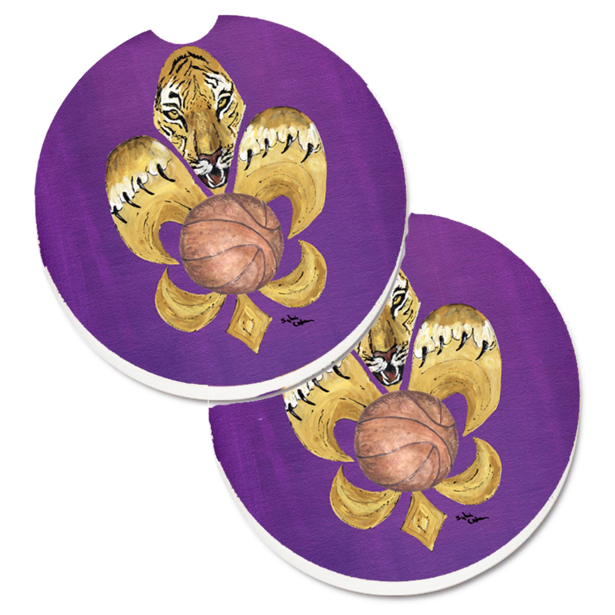 'Caroline'S Treasures Tiger Fleur De Lis Basketball Set Of 2 Cup Holder Car Coasters 8478Carc, 2.56, Multicolor''