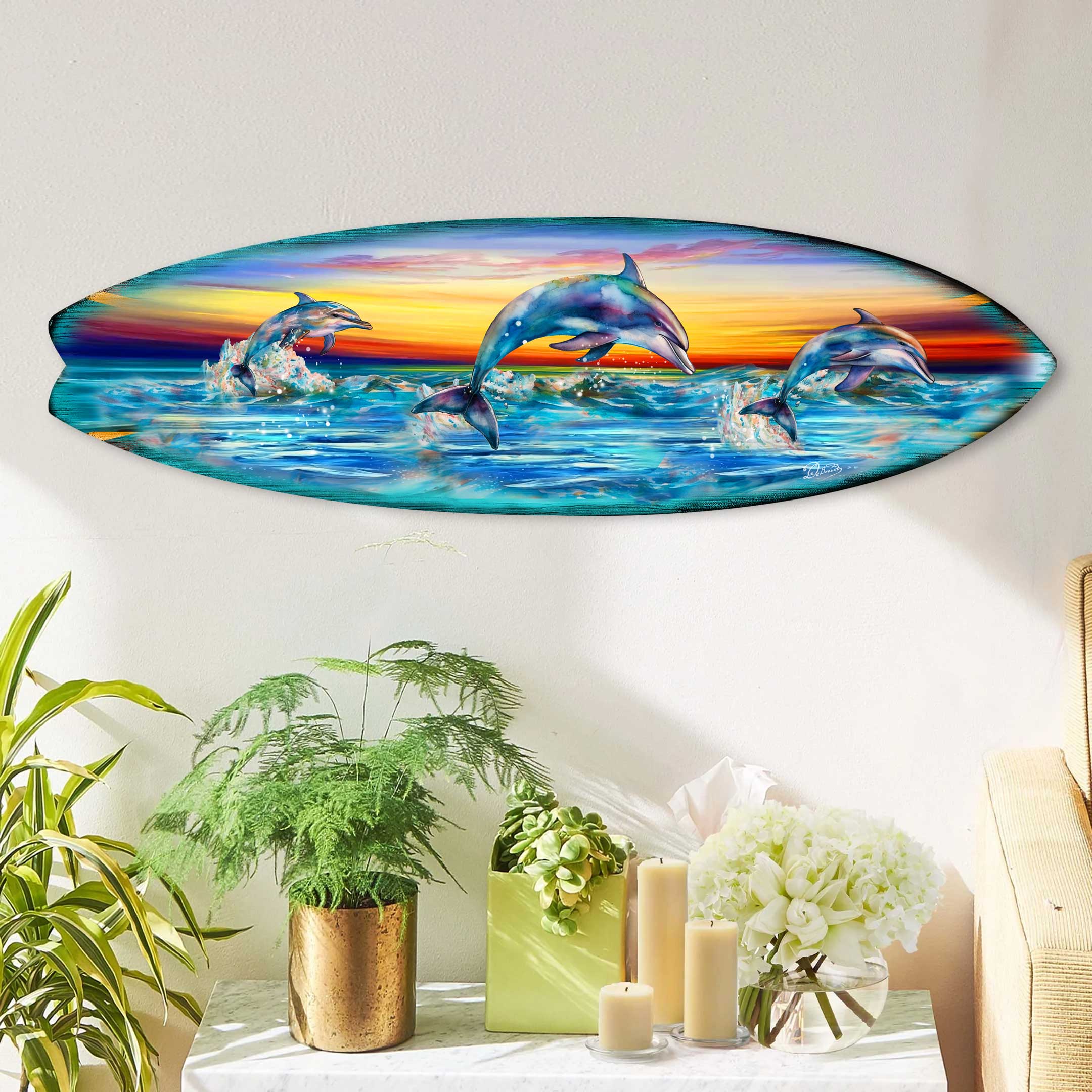 Dolphin's Dance Surfboard Coastal Wall Art by G. DeBrekht - Coastal Holiday Decor - 8490122HS