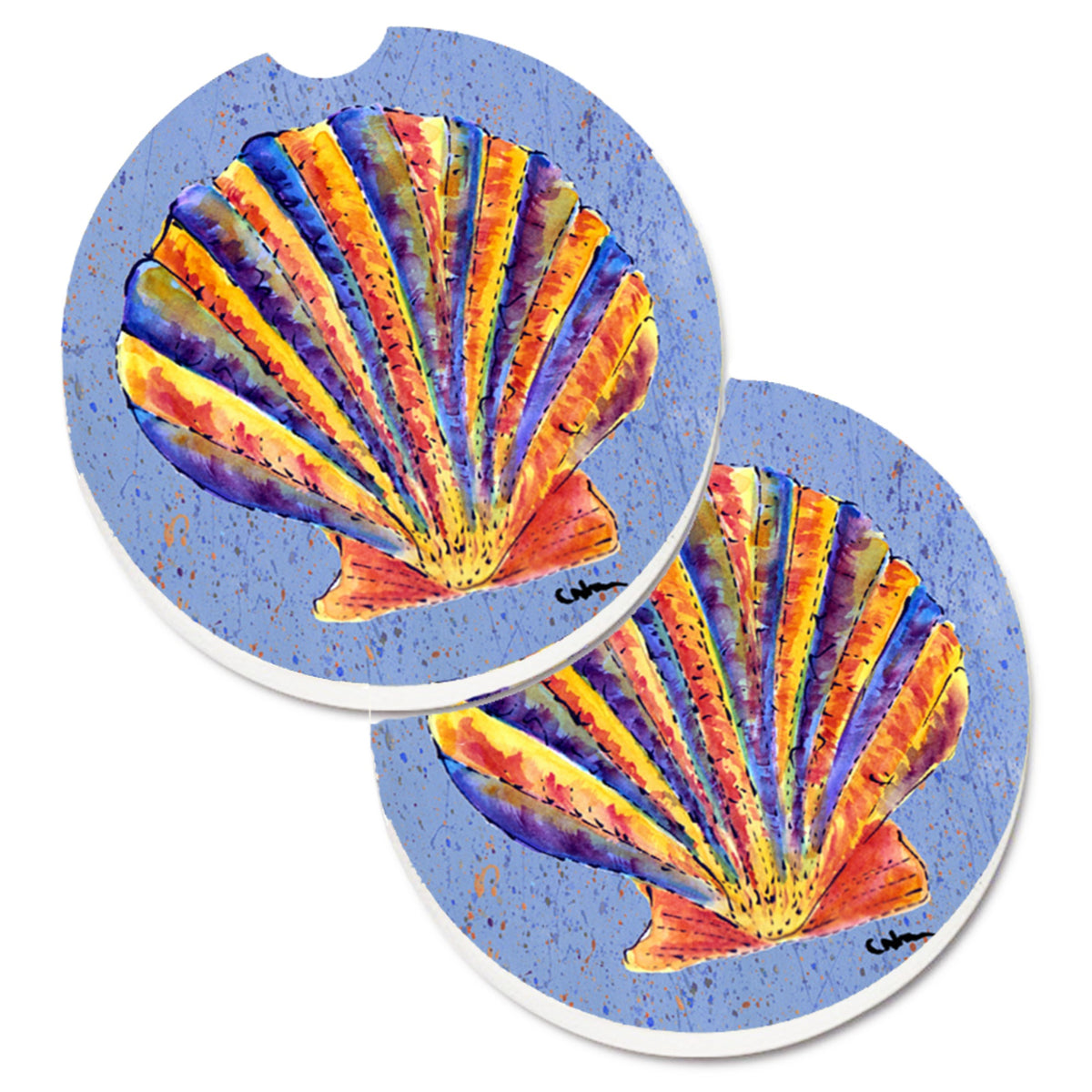 'Caroline'S Treasures Scalloped Shell On Blue Set Of 2 Cup Holder Car Coasters 8525Carc, 2.56, Multicolor''