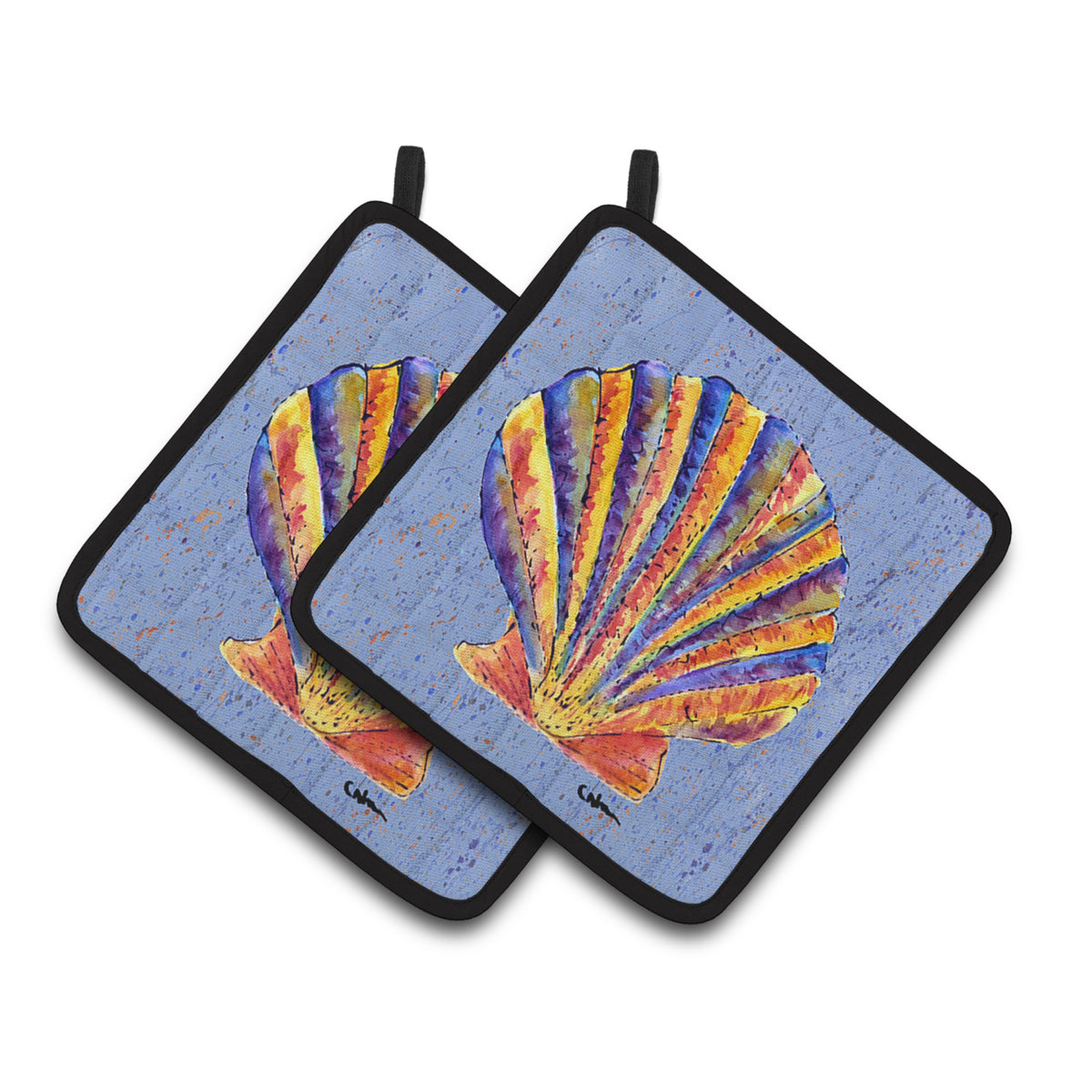 'Caroline'S Treasures Scalloped Shell On Blue Pair Of Pot Holders 8525Pthd, 7.5Hx7.5W, Multicolor''