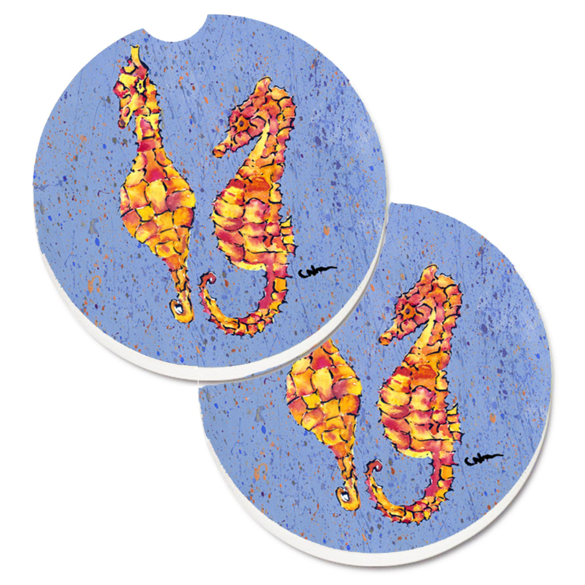 'Caroline'S Treasures Seahorses On Blue Set Of 2 Cup Holder Car Coasters 8526Carc, 2.56, Multicolor''