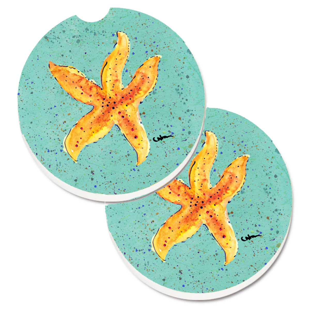 'Caroline'S Treasures Starfish On Teal Set Of 2 Cup Holder Car Coasters 8527Carc, 2.56, Multicolor''