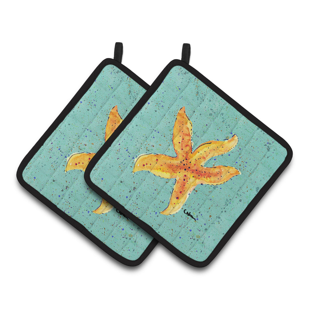 'Caroline'S Treasures Starfish On Teal Pair Of Pot Holders 8527Pthd, 7.5Hx7.5W, Multicolor''