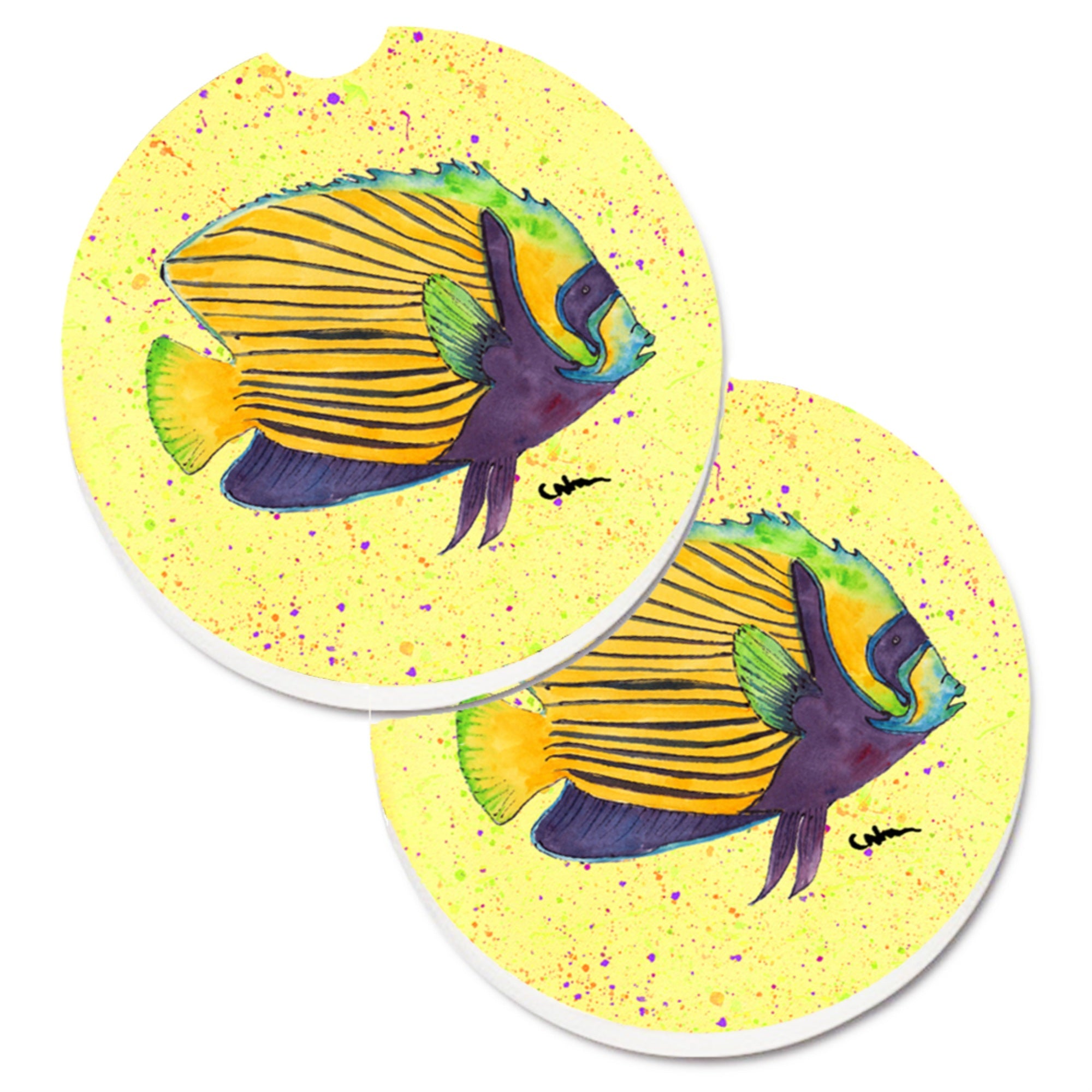 'Caroline'S Treasures Yellow Fish On Yellow Set Of 2 Cup Holder Car Coasters 8528Carc, 2.56, Multicolor''